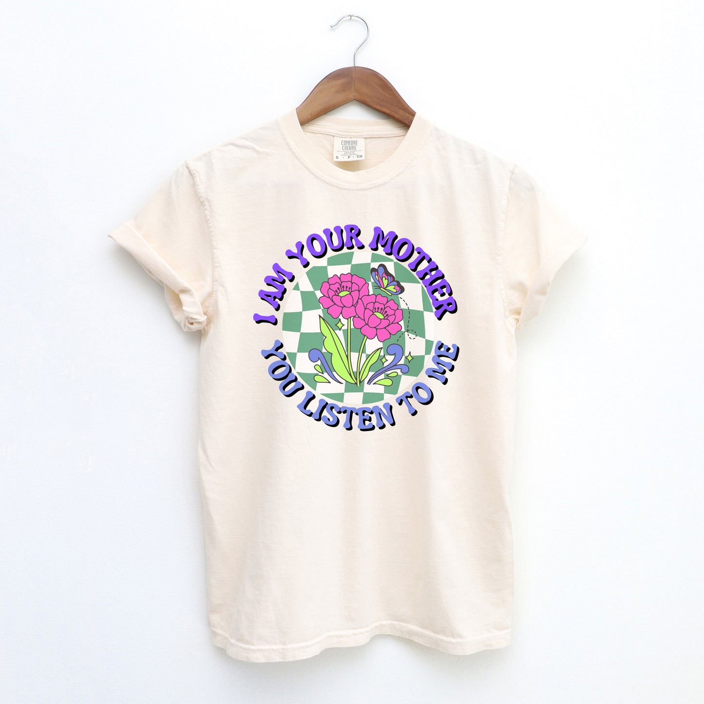 I Am Your Mother Blue Checkered | Garment Dyed Short Sleeve Tee