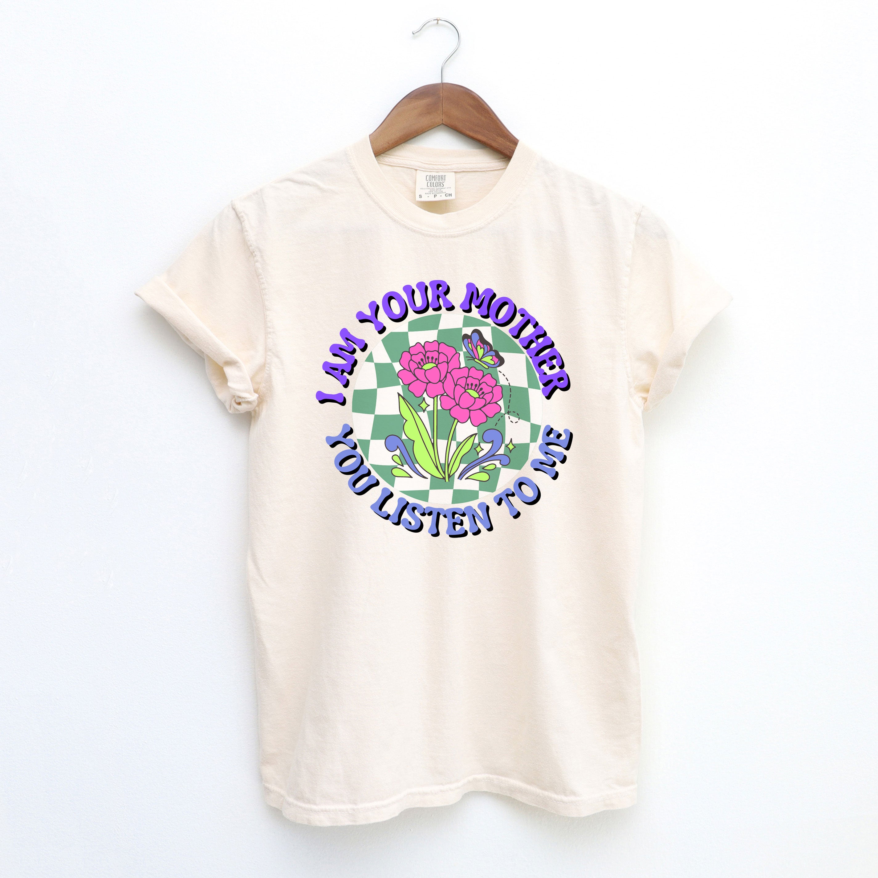 I Am Your Mother Blue Checkered  | Garment Dyed Short Sleeve Tee