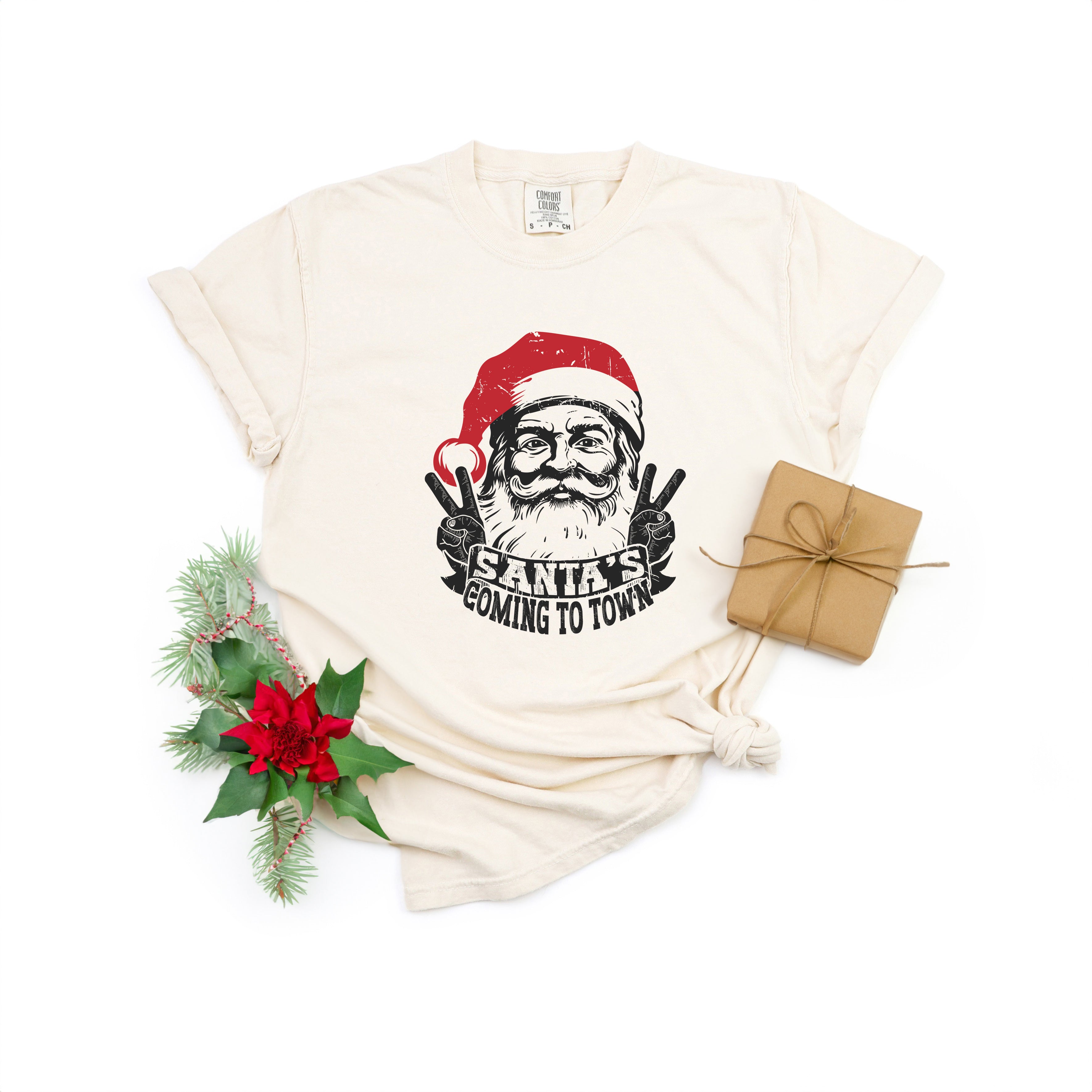 Santa's Coming To Town Peace | Garment Dyed Tee