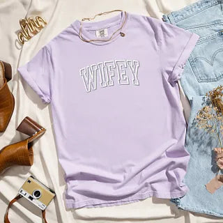 Embroidered Wifey Arched Varsity | Garment Dyed Tee