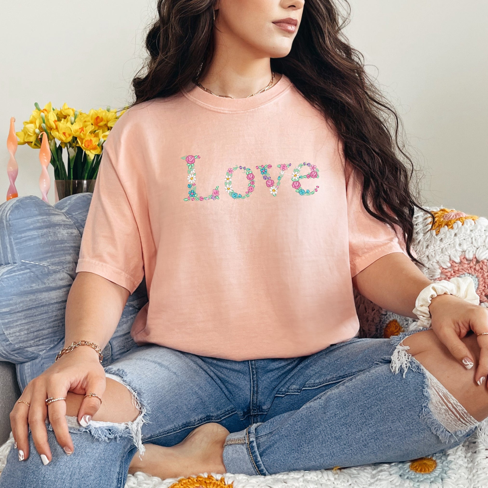 Embroidered Love Floral | Garment Dyed Tee
