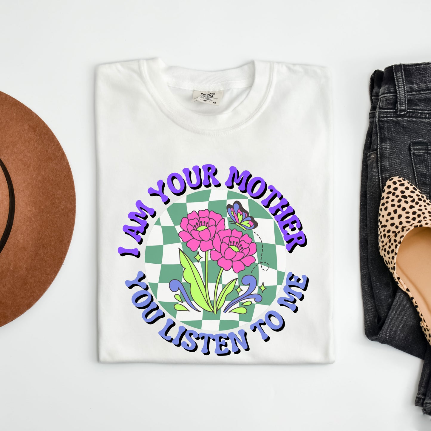 I Am Your Mother Blue Checkered | Garment Dyed Short Sleeve Tee
