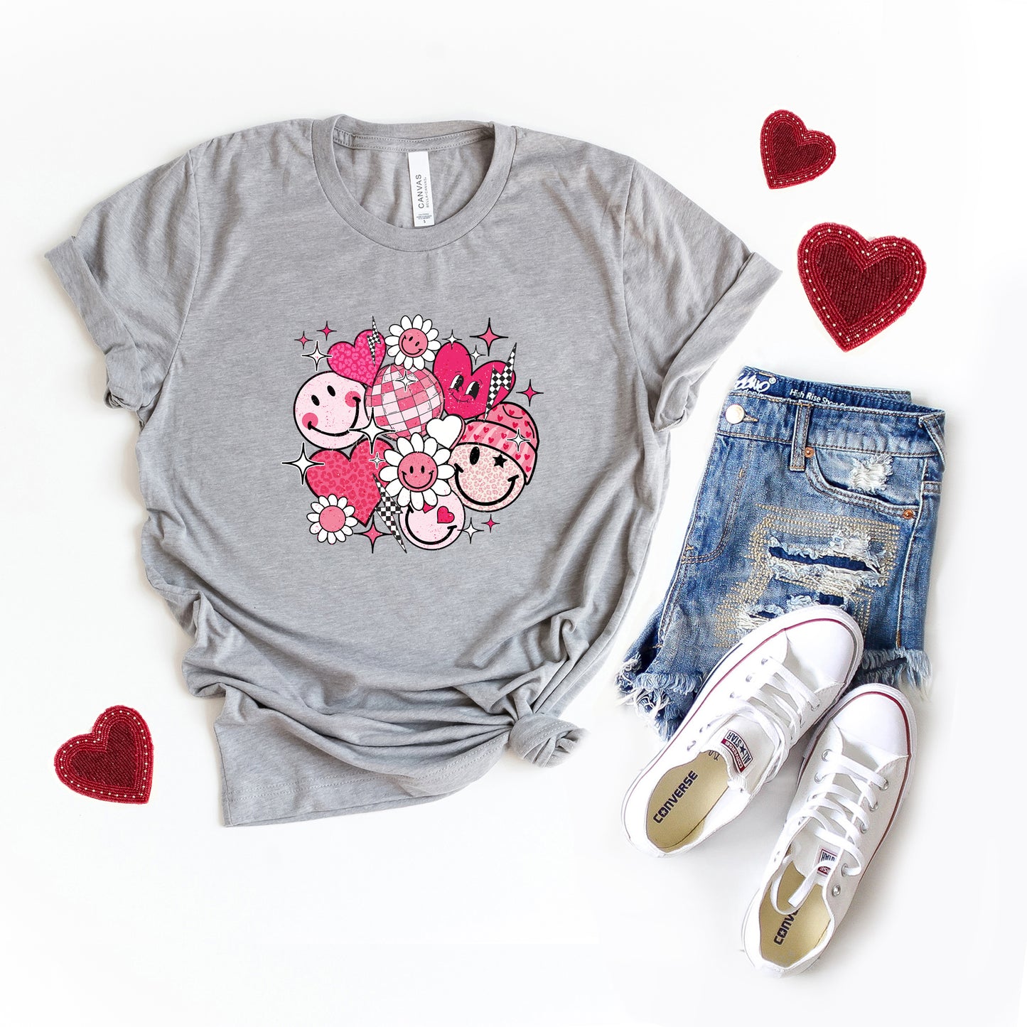 Pink Flower Hearts | Short Sleeve Crew Neck