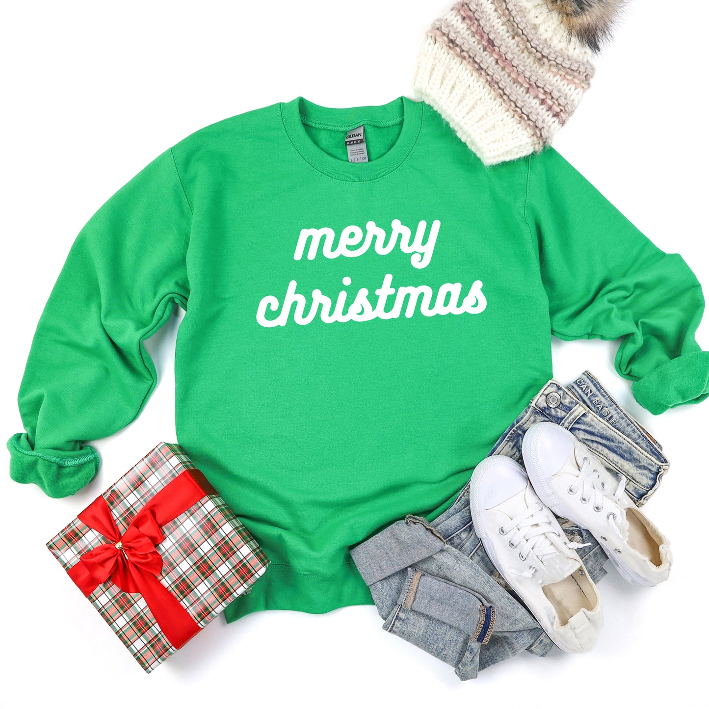Merry Christmas Bold Cursive Words Puff Print |Sweatshirt