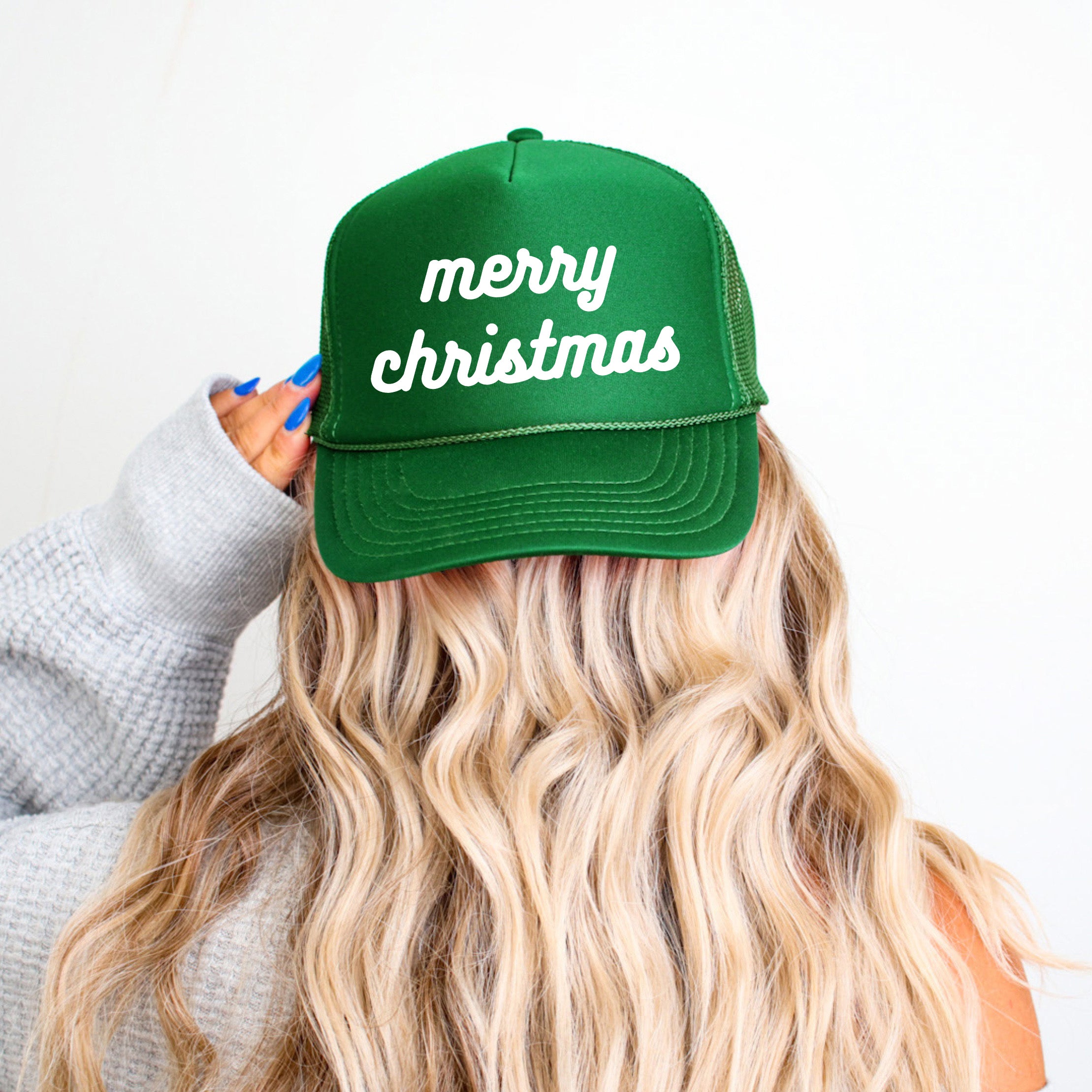 Merry Christmas Bold Cursive Words Puff Print | Foam Trucker Hat
