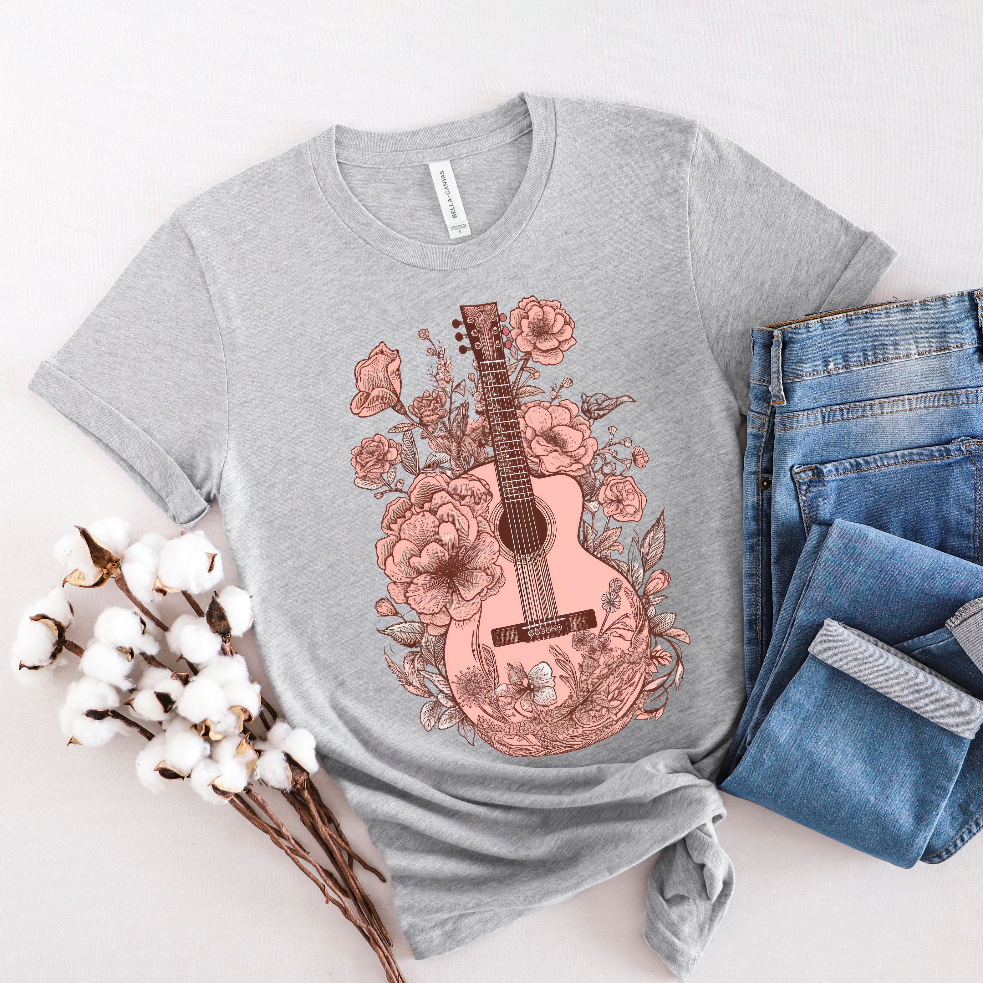 Pink Guitar Floral | Short Sleeve Crew Neck