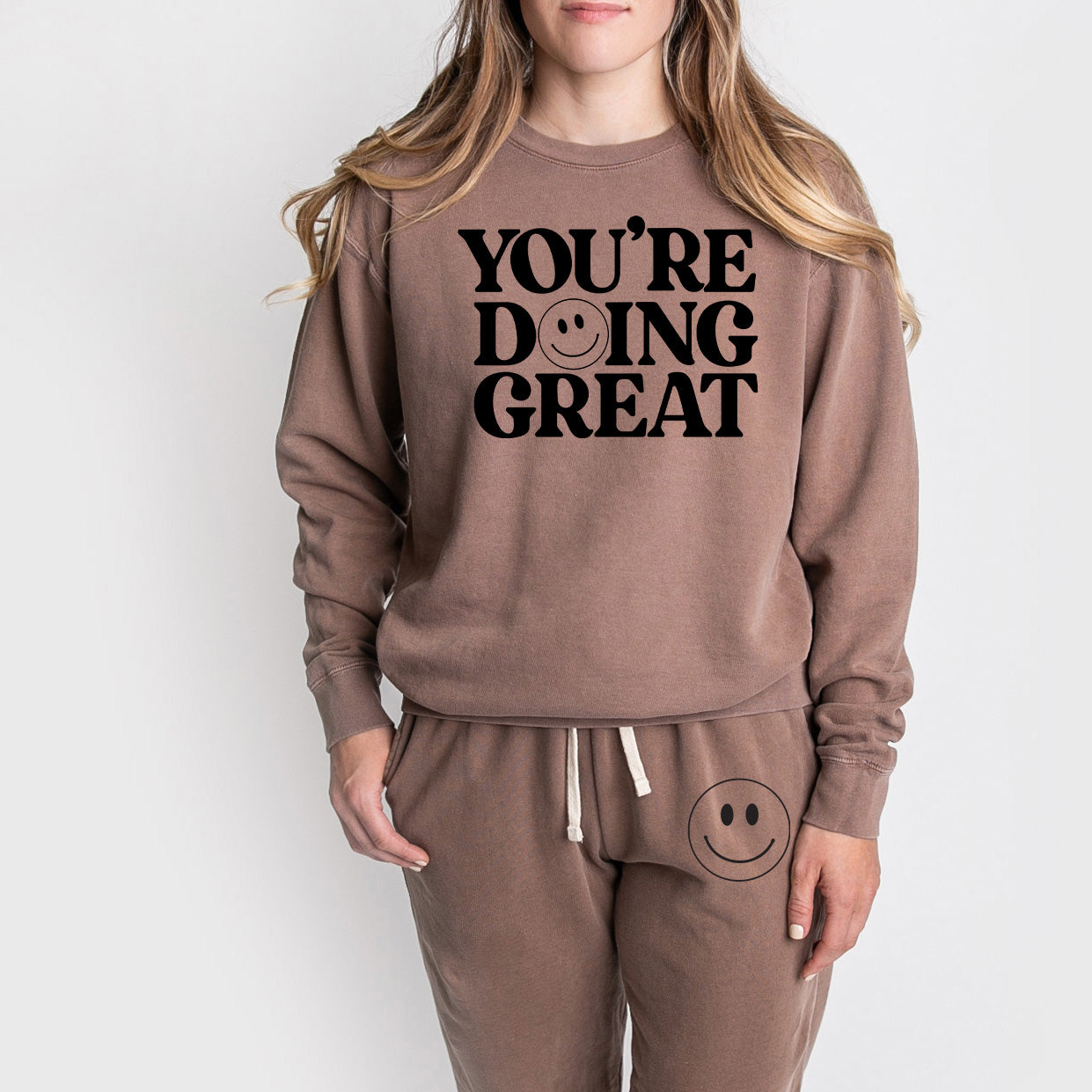 You're Doing Great Smiley Face | Lightweight Garment Dyed Sweatshirt Set