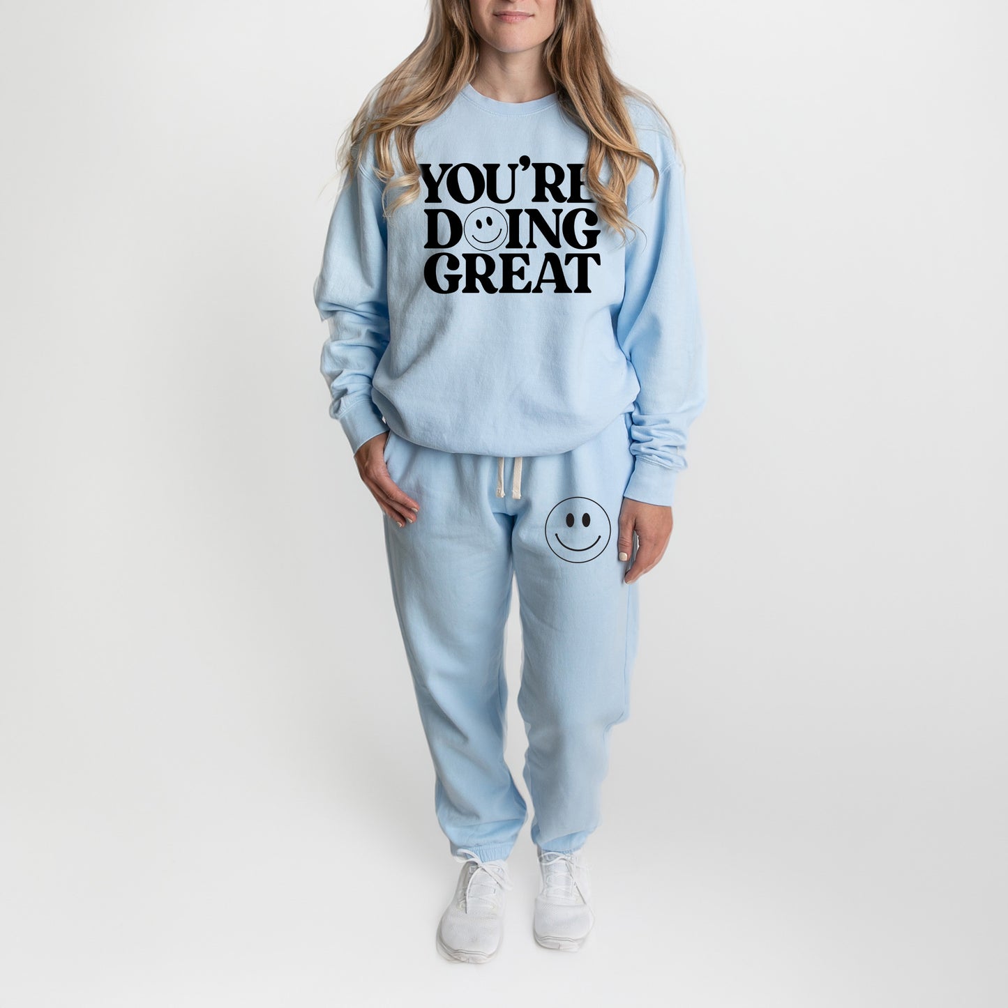 You're Doing Great Smiley Face | Lightweight Garment Dyed Sweatshirt Set