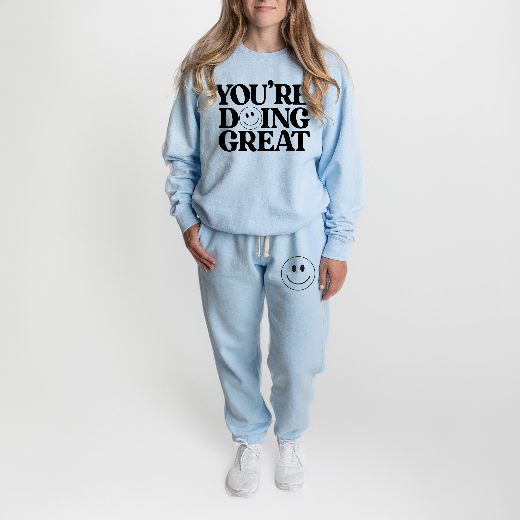 You're Doing Great Smiley Face | Lightweight Garment Dyed Sweatshirt Set