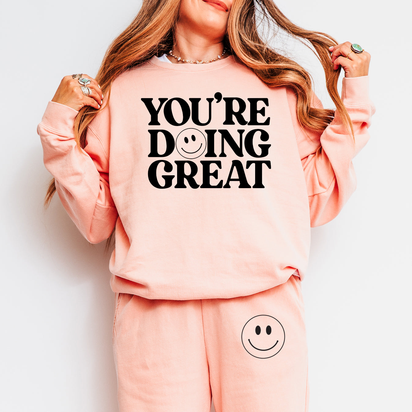 You're Doing Great Smiley Face | Lightweight Garment Dyed Sweatshirt Set