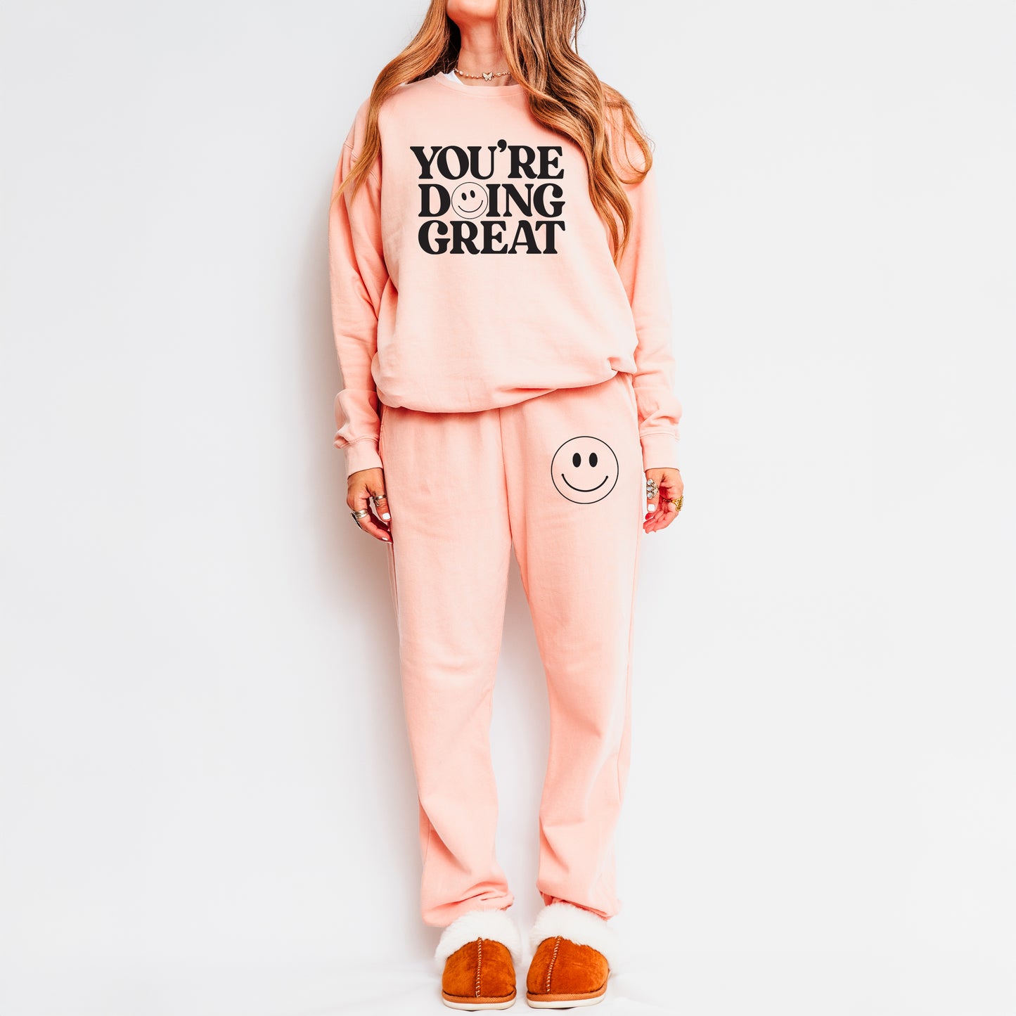 You're Doing Great Smiley Face | Lightweight Garment Dyed Sweatshirt Set