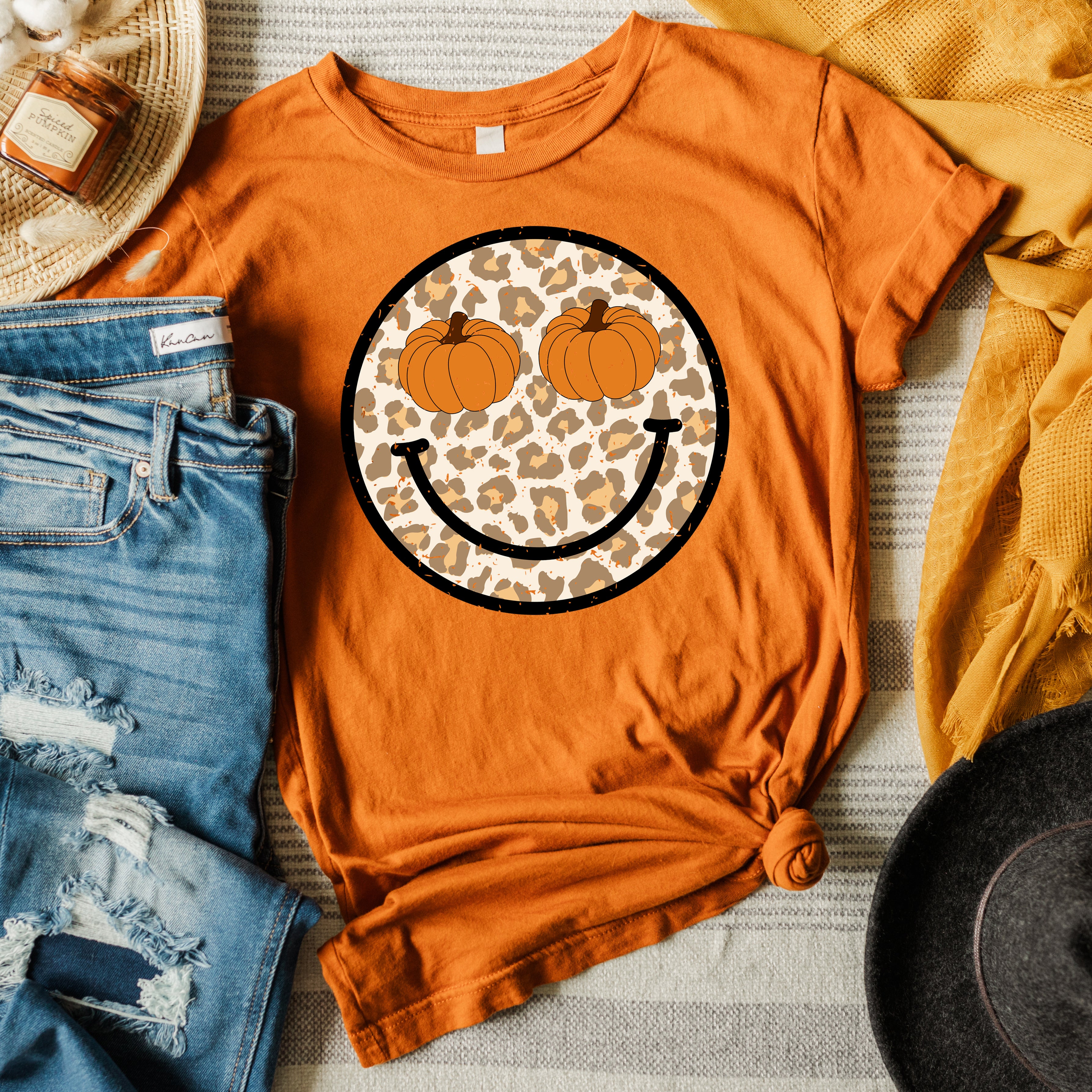 Pumpkin Leopard Smiley | Short Sleeve Crew Neck