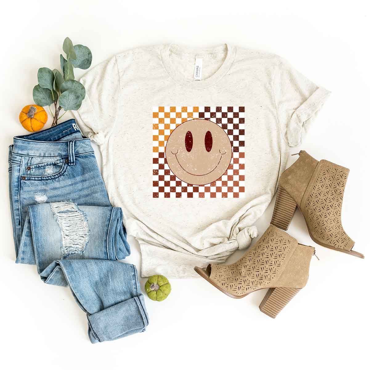 Fall Checkered Smiley | Short Sleeve Crew Neck