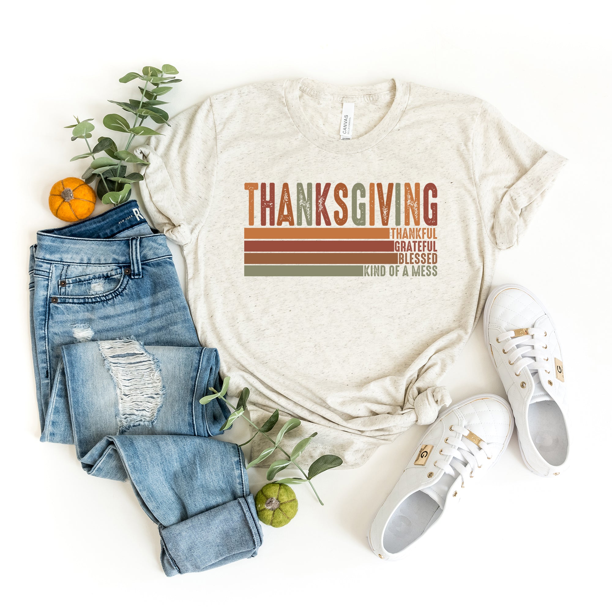 Thanksgiving Striped Distressed | Short Sleeve Crew Neck