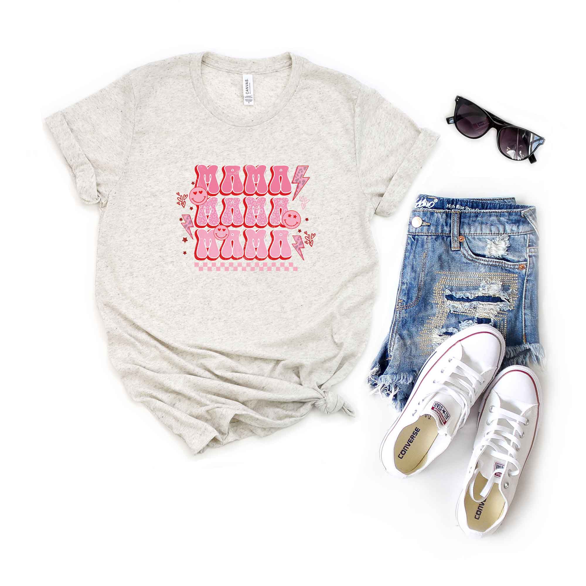 Mama Stacked Checkerd Flowers | Short Sleeve Graphic Tee