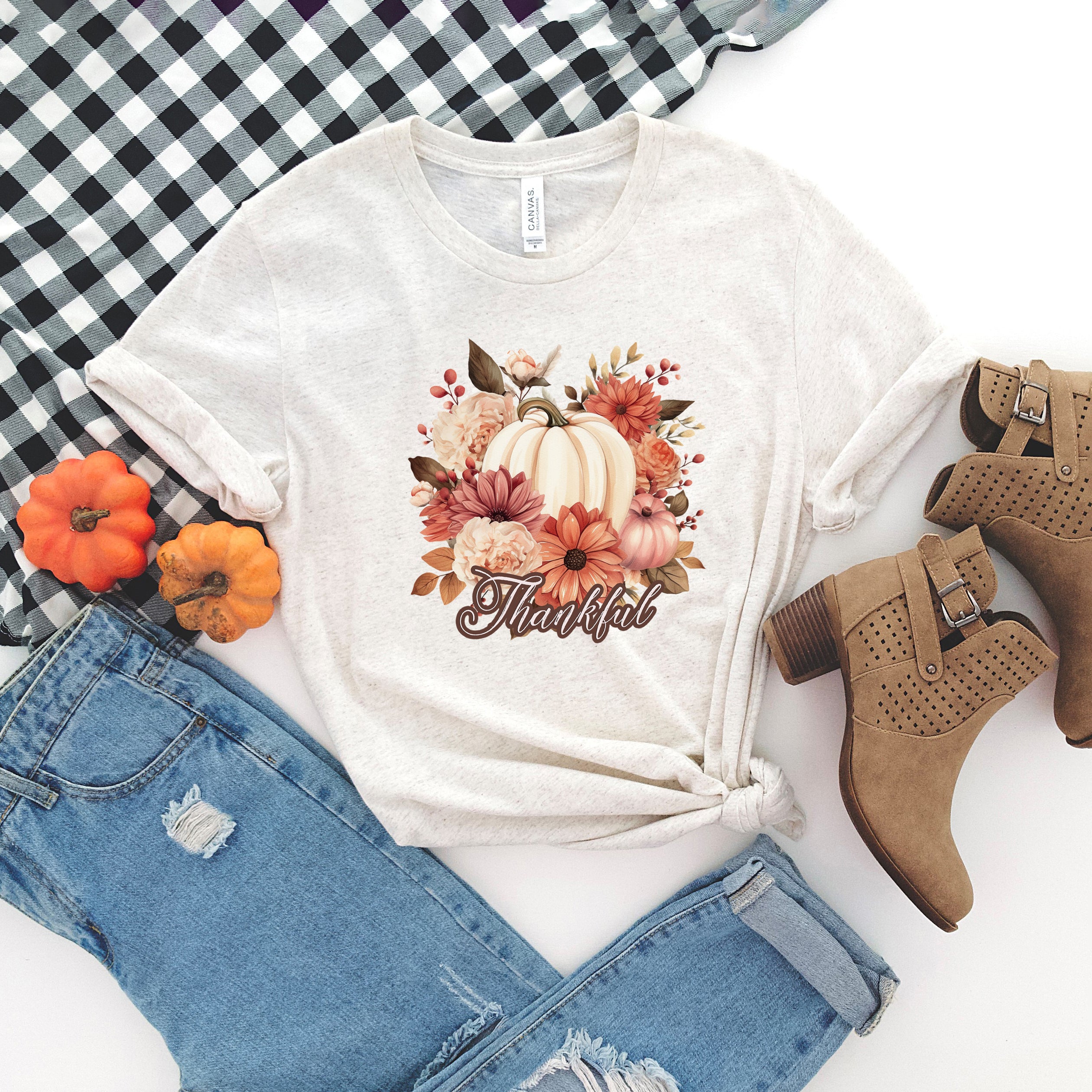 Thankful Pumpkin Floral | Short Sleeve Crew Neck