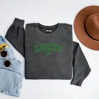 Embroidered Lucky Varsity Clover| Garment Dyed Sweatshirt