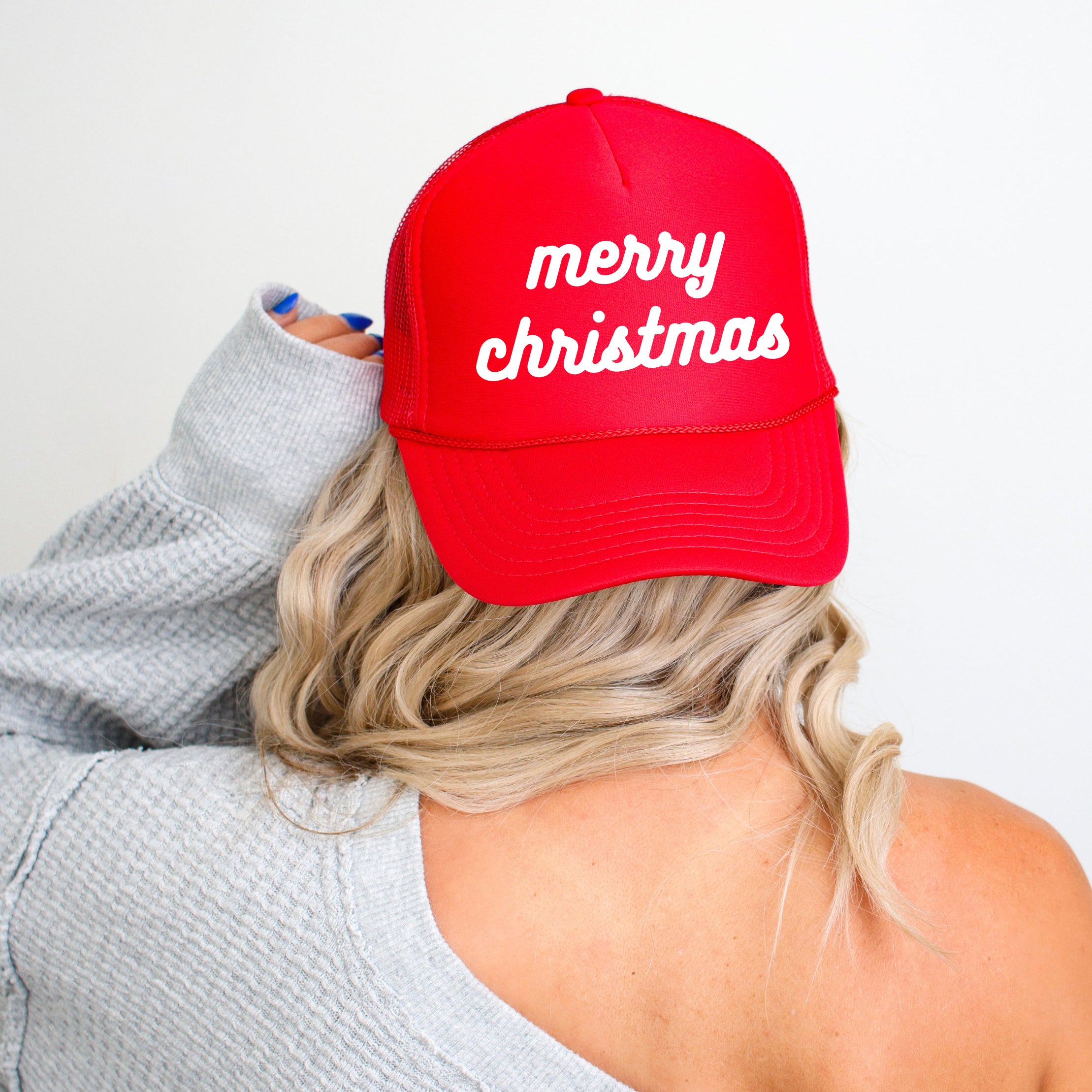 Merry Christmas Bold Cursive Words Puff Print | Foam Trucker Hat