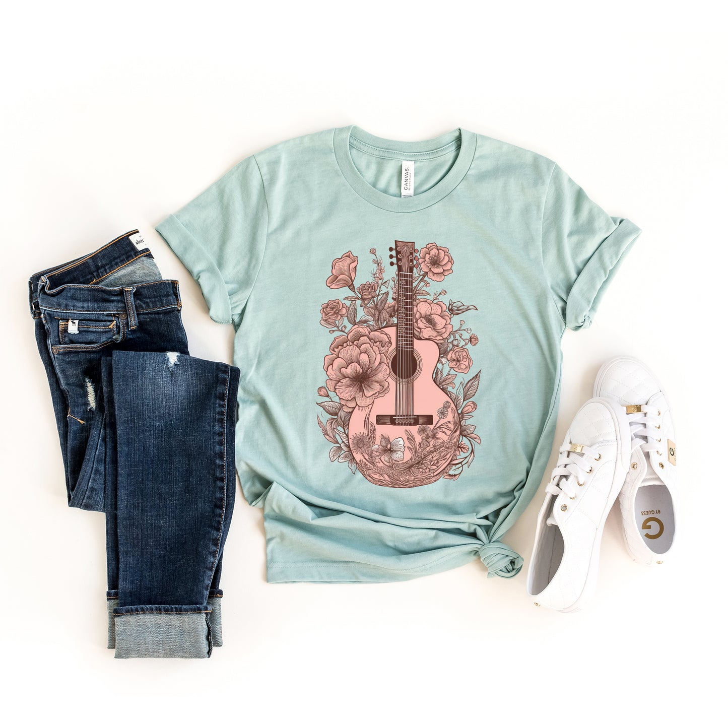 Pink Guitar Floral | Short Sleeve Crew Neck