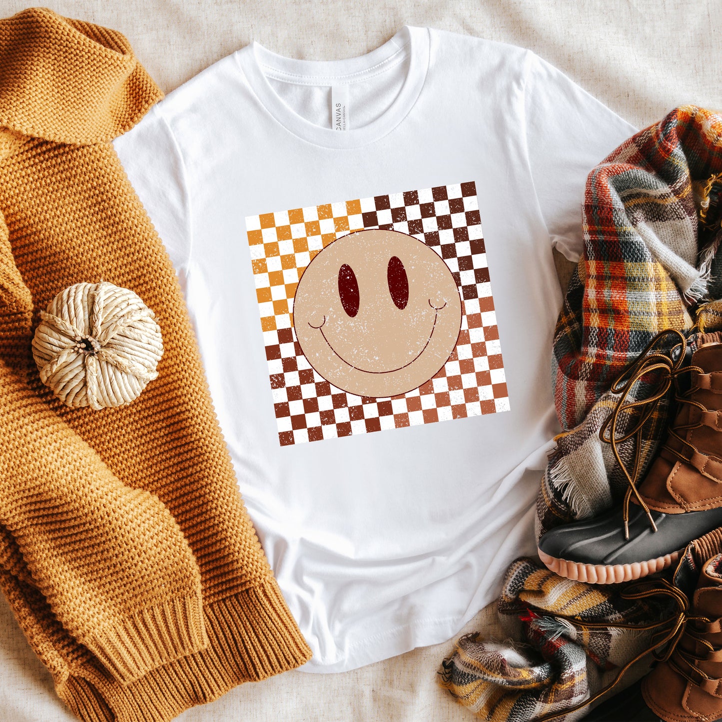 Fall Checkered Smiley | Short Sleeve Crew Neck
