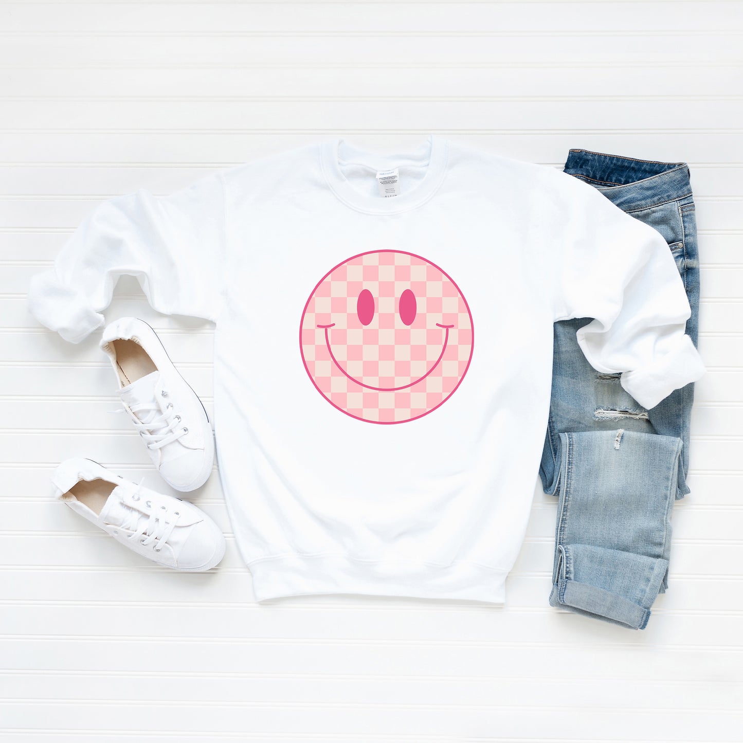 Pink Checker Smiley Face | Sweatshirt
