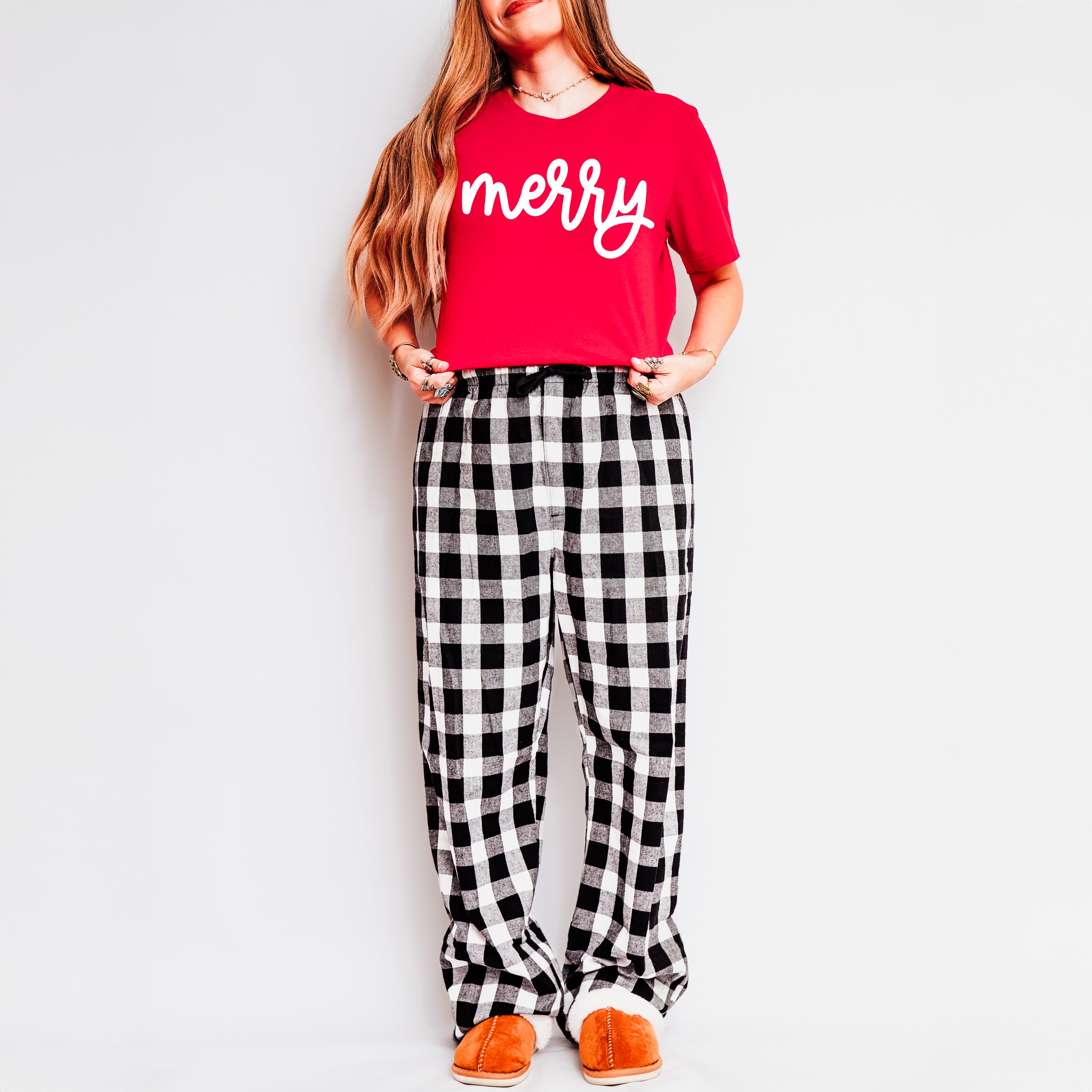 Merry Bold Cursive Puff Print | Plaid Pajama Set