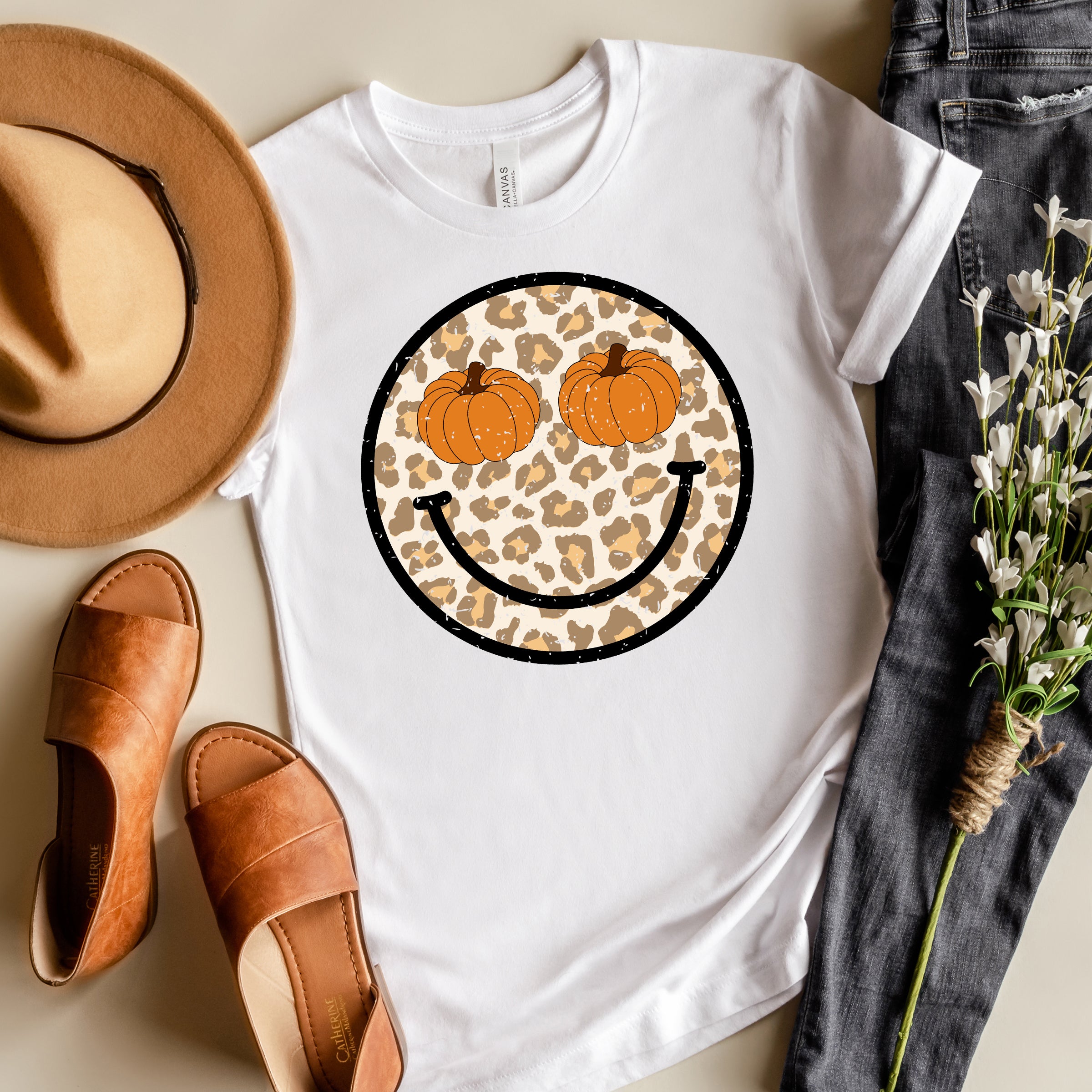 Pumpkin Leopard Smiley | Short Sleeve Crew Neck