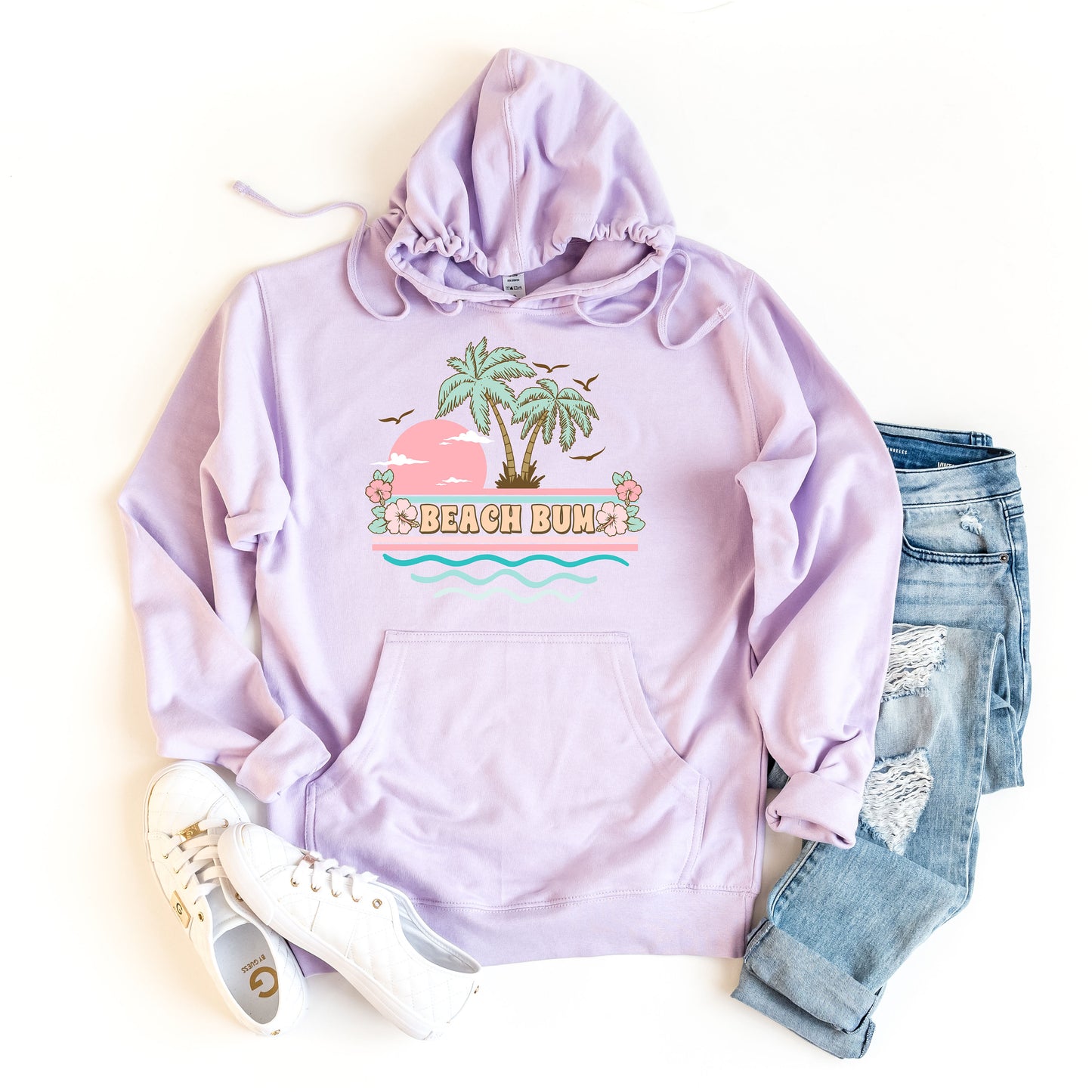 a purple sweatshirt with a palm tree and the words beach bum on it