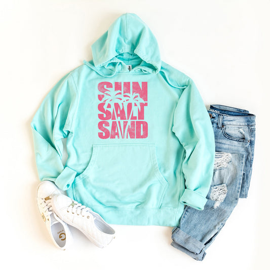 a blue hoodie with a pink slogan on it