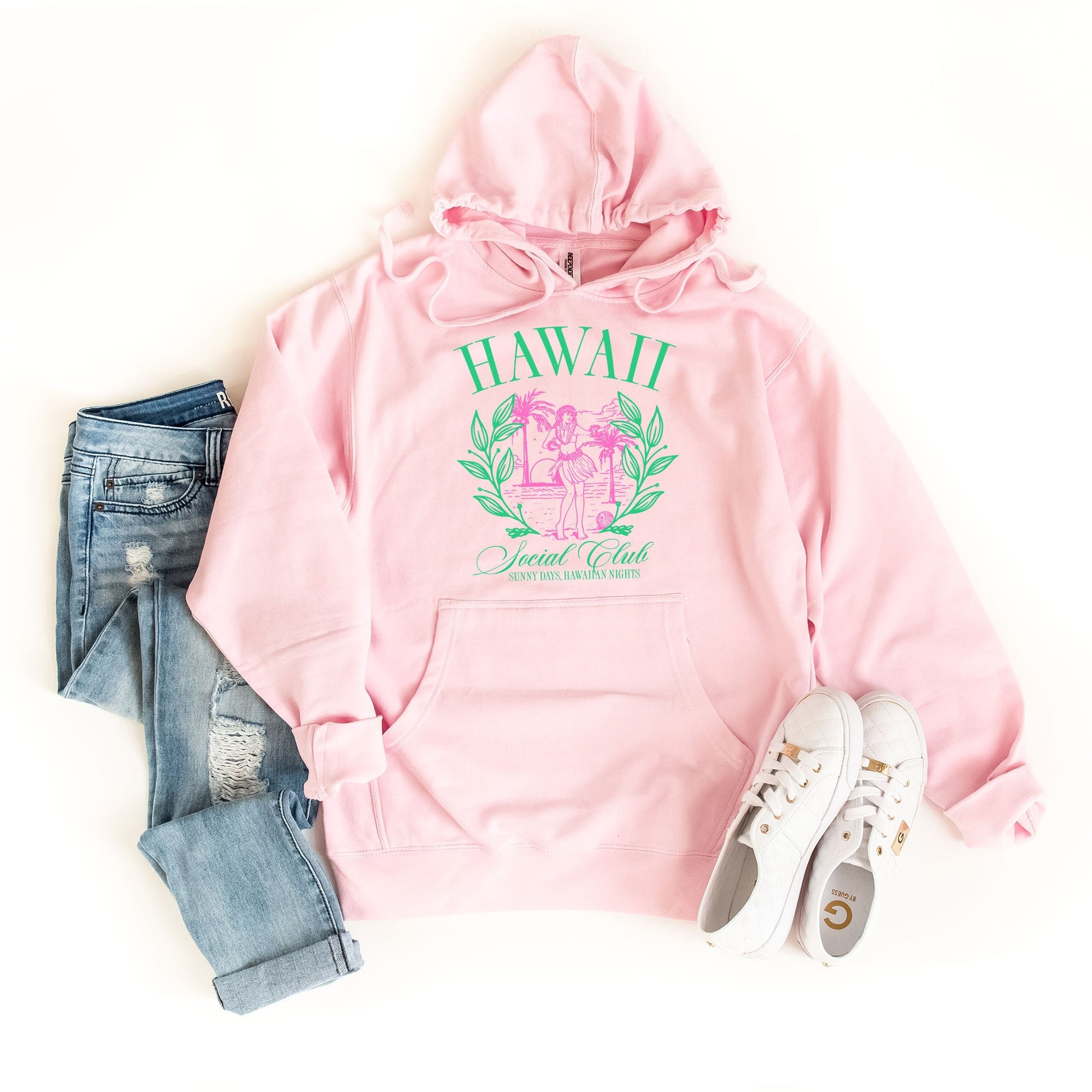 a pink hawaii hoodie and jeans on a white background