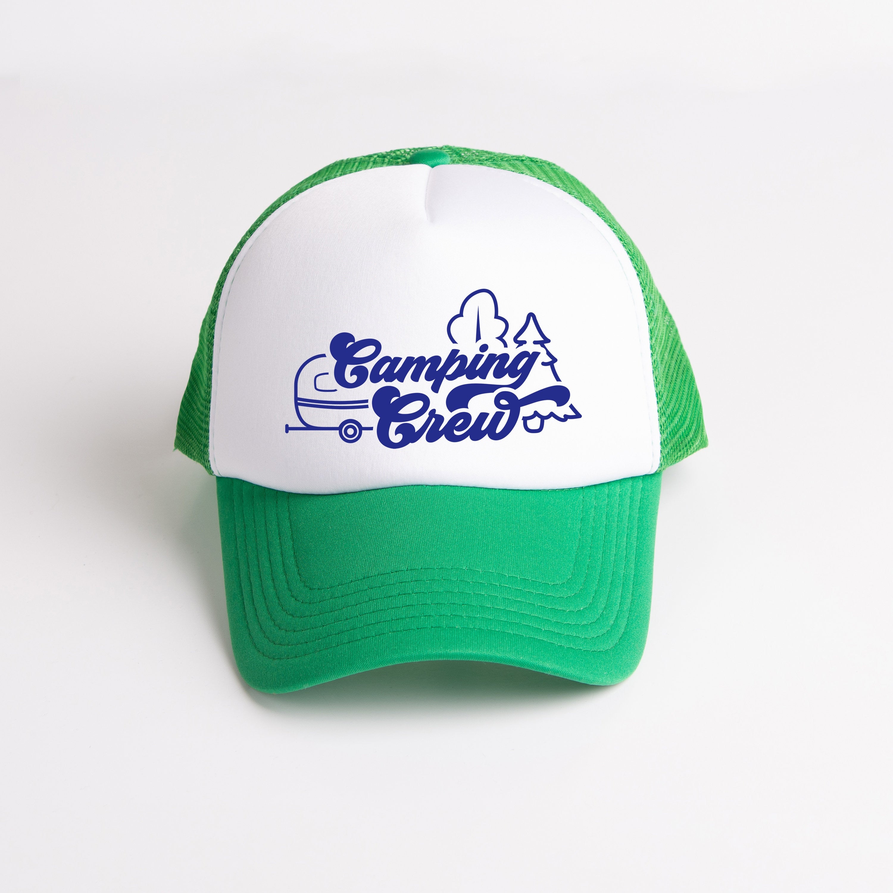 a green and white trucker hat with camping's crew on it