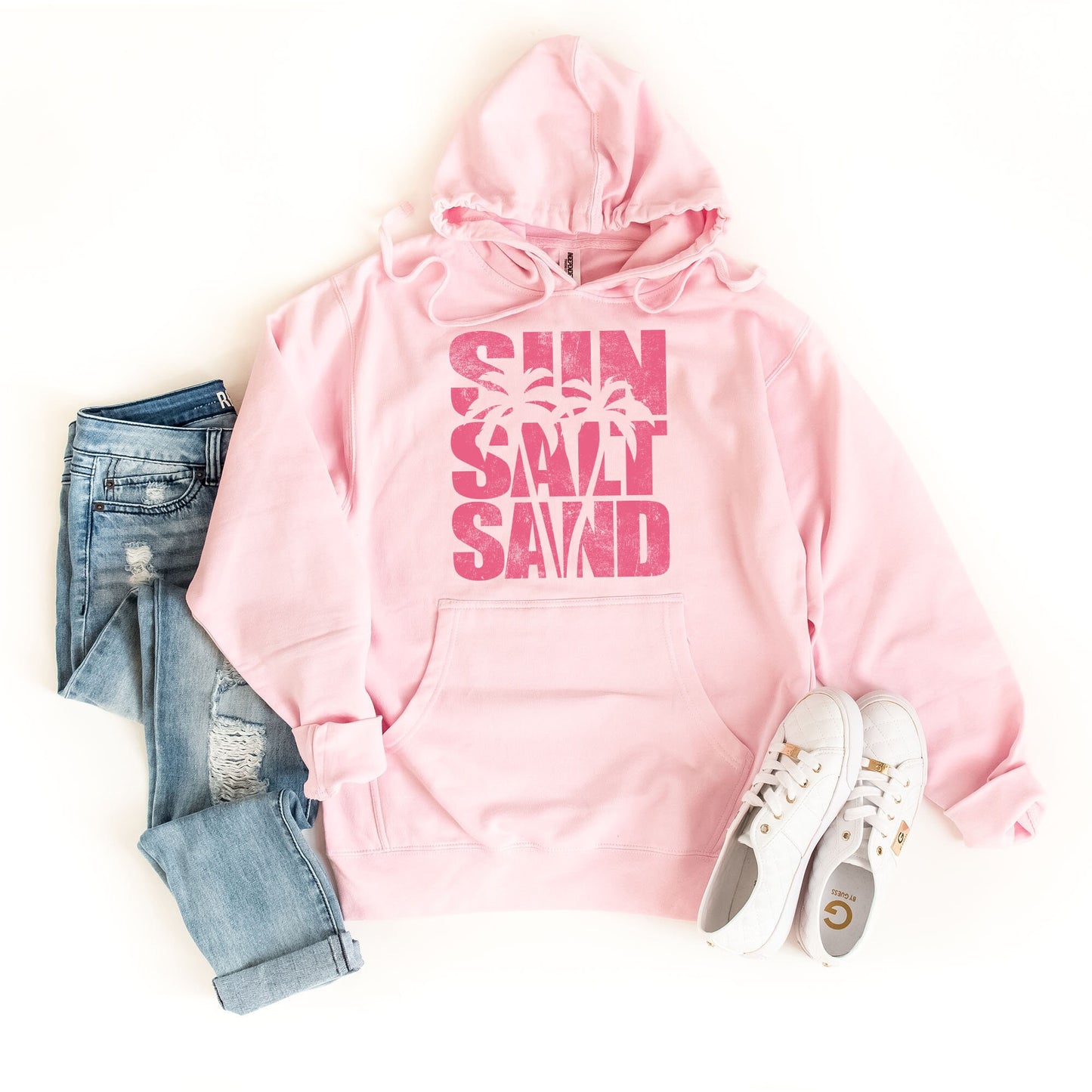 a pink hoodie with a pair of jeans and a pair of sneakers
