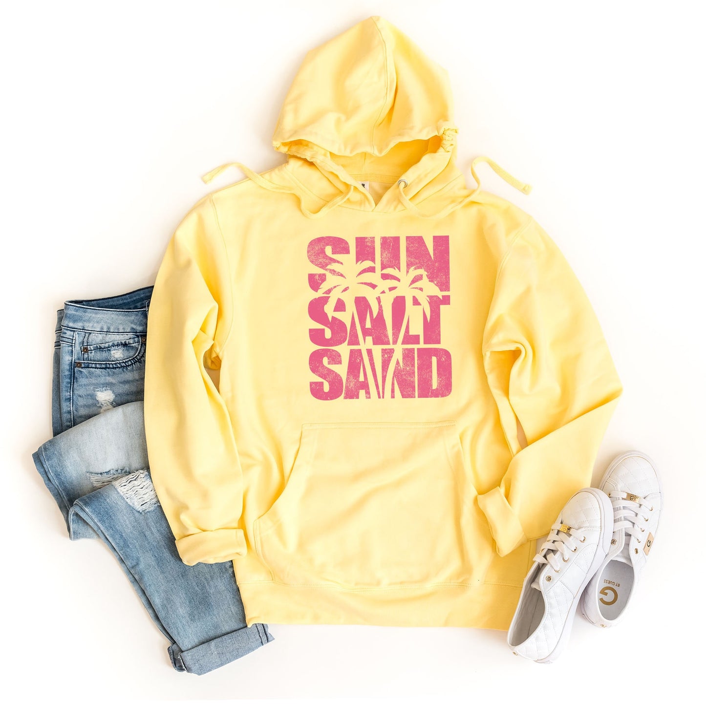 a yellow hoodie with the words sun, salt, and sand printed on it