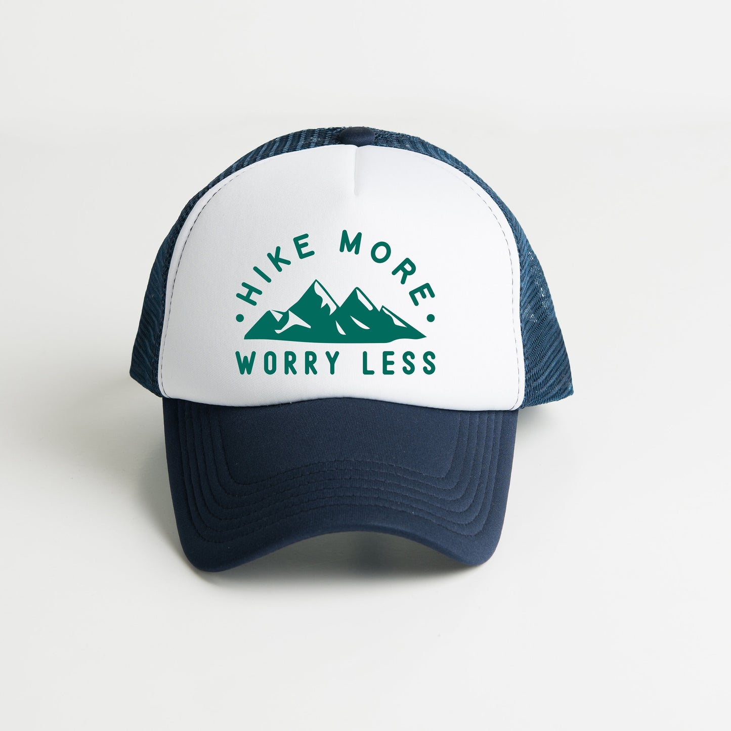 a white and blue hat with the words hike more worry less on it