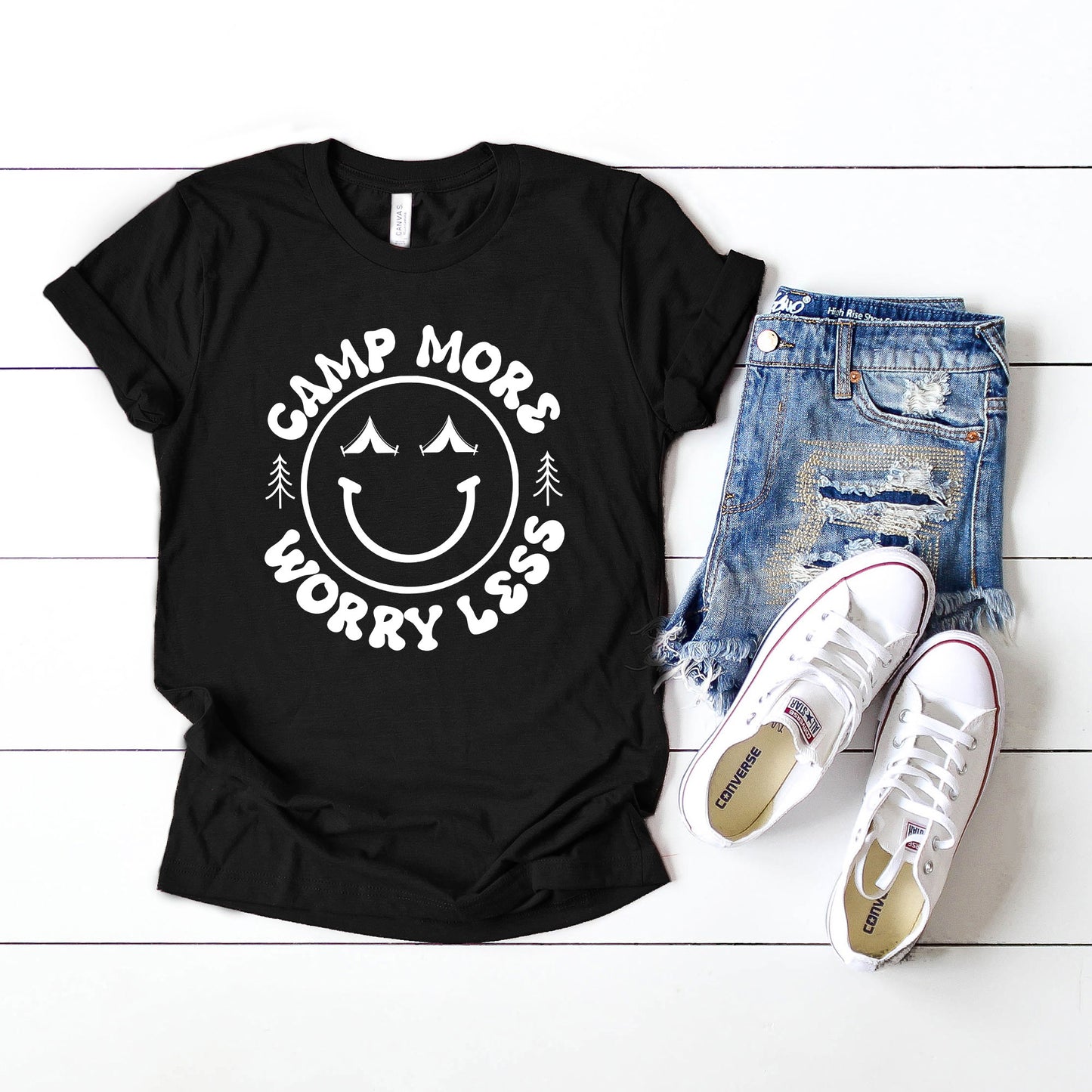 Camp More Worry Less Smiley Face | Short Sleeve Graphic Tee