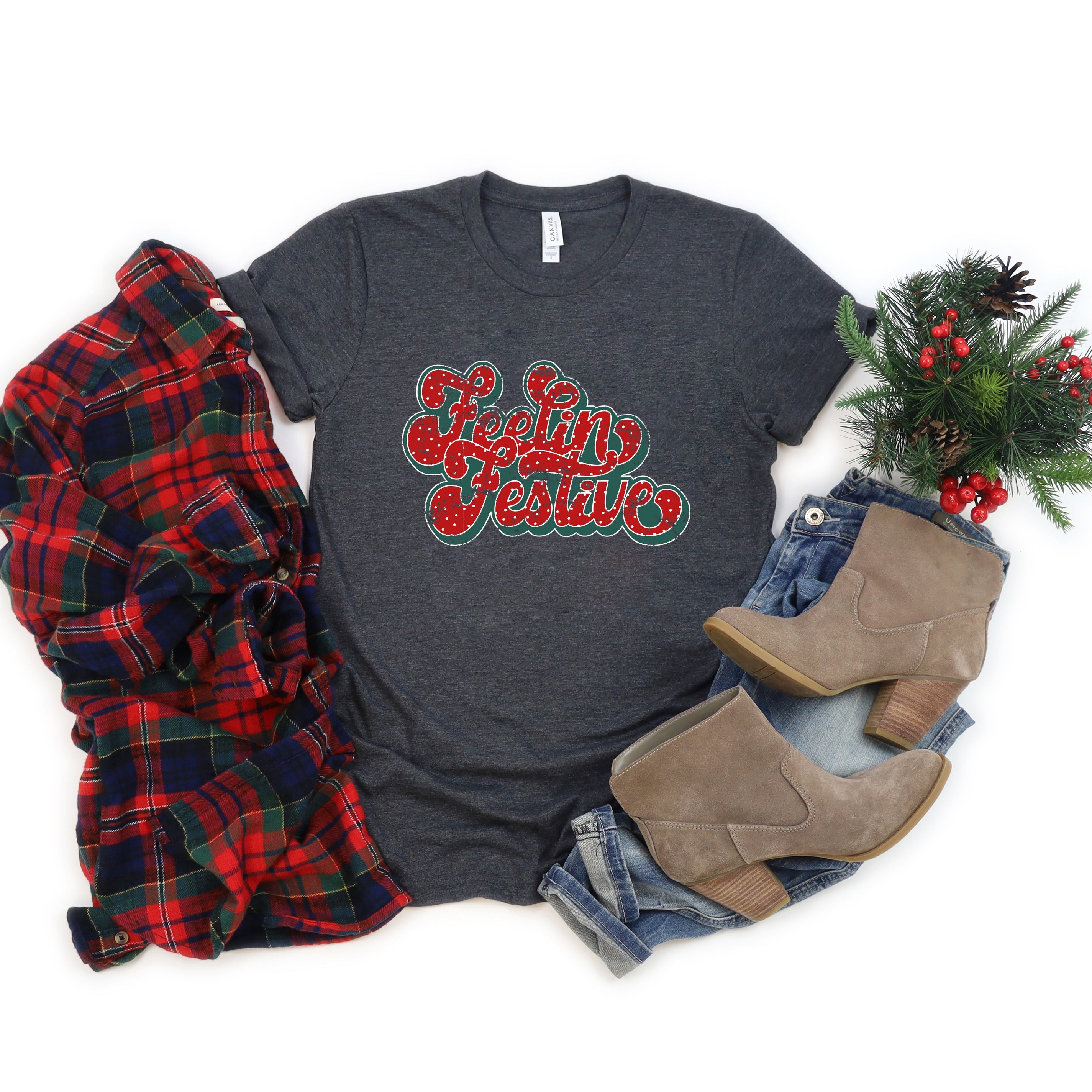 Distressed Feelin Festive | Short Sleeve Crewneck