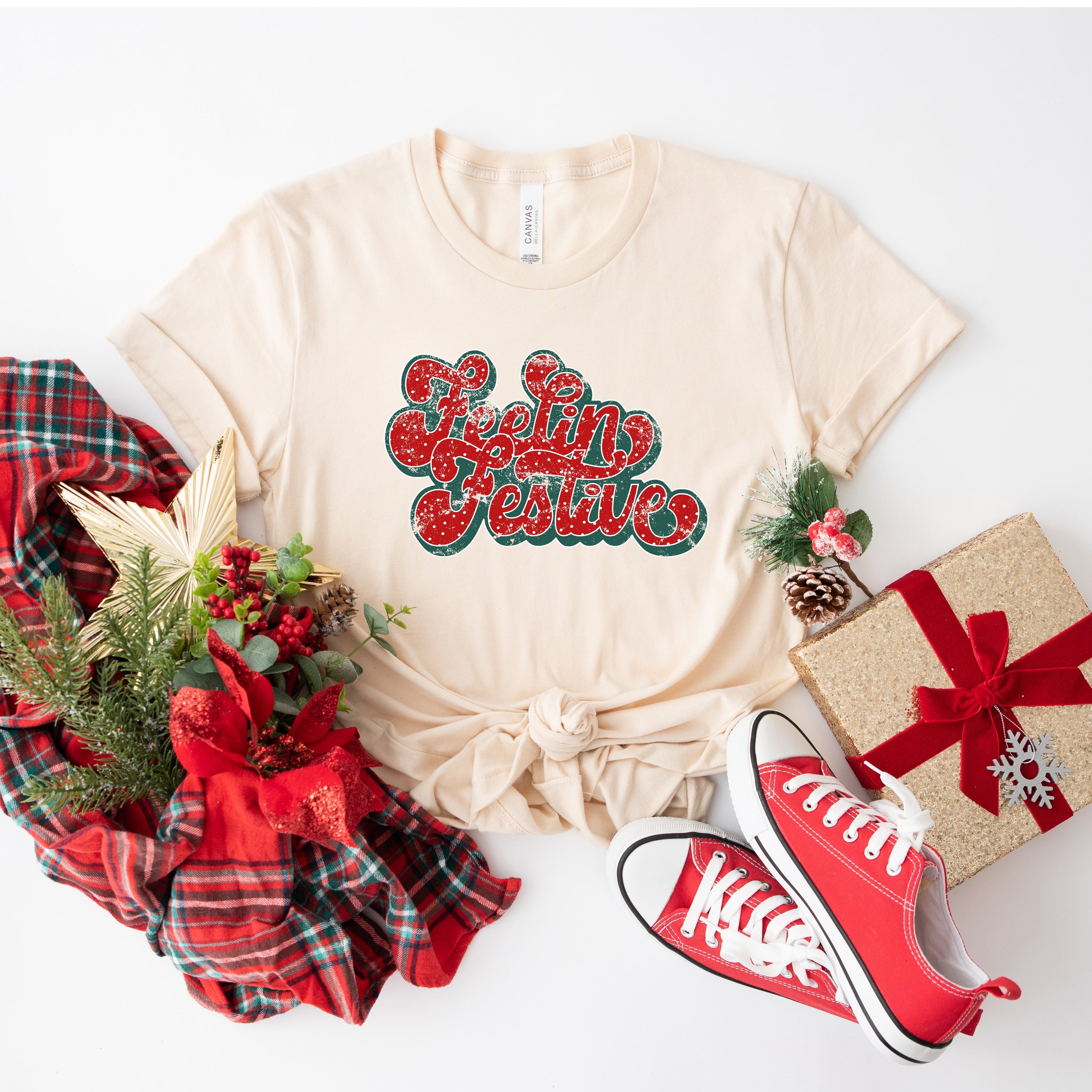 Distressed Feelin Festive | Short Sleeve Crewneck