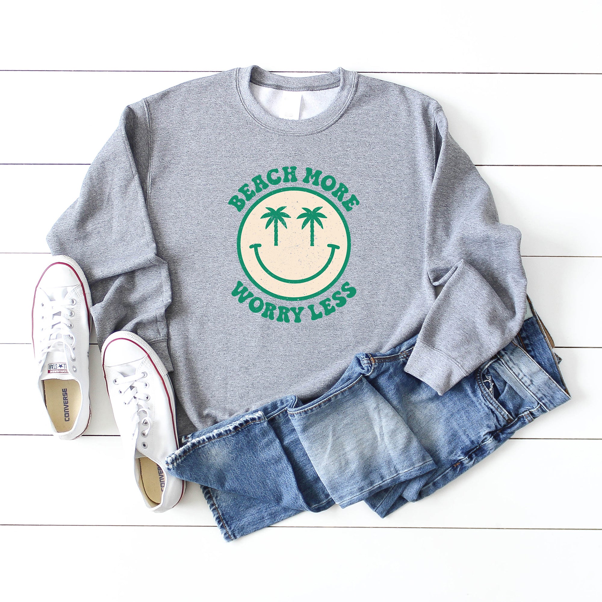 Beach More Worry Less Smiley Face | Sweatshirt