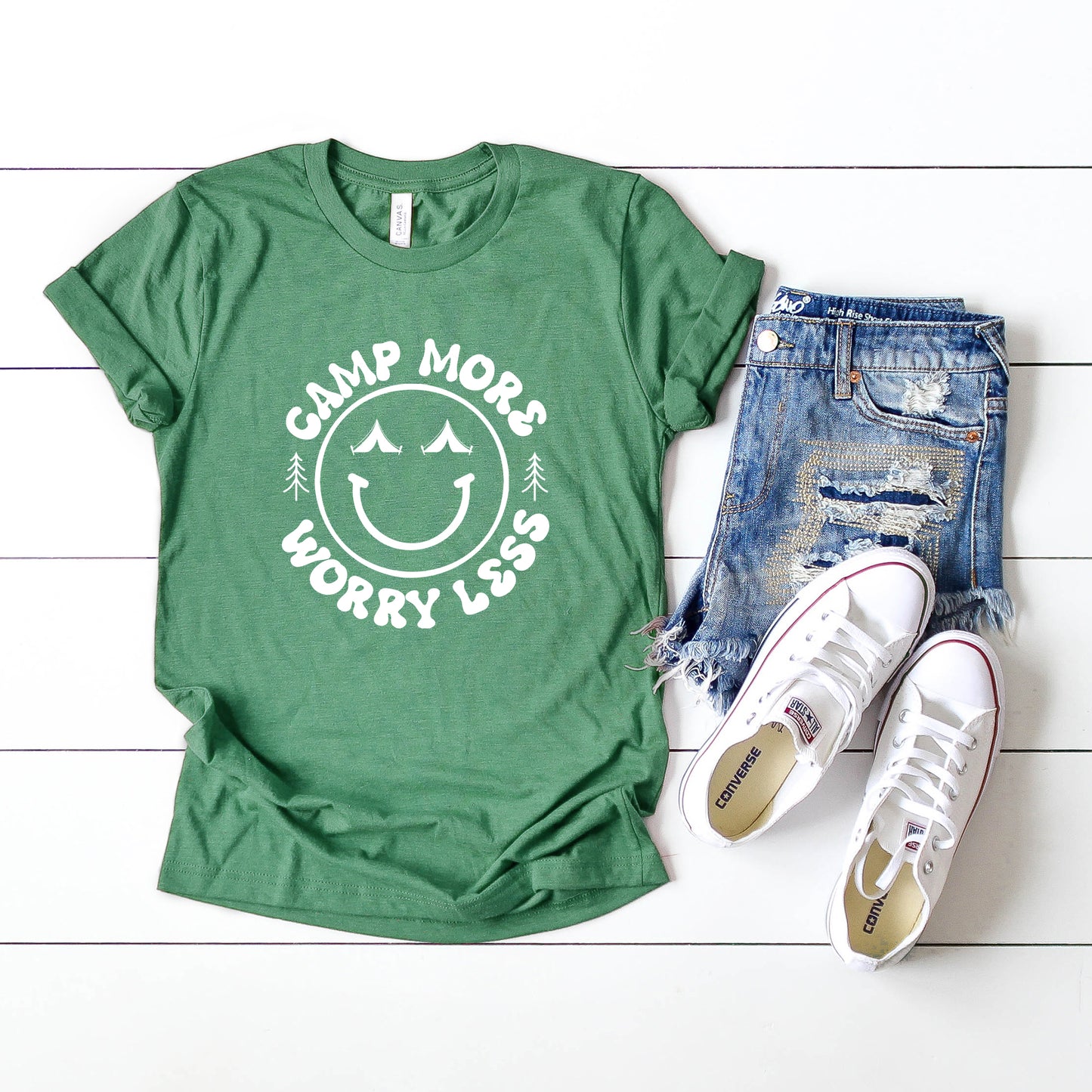 Camp More Worry Less Smiley Face | Short Sleeve Graphic Tee