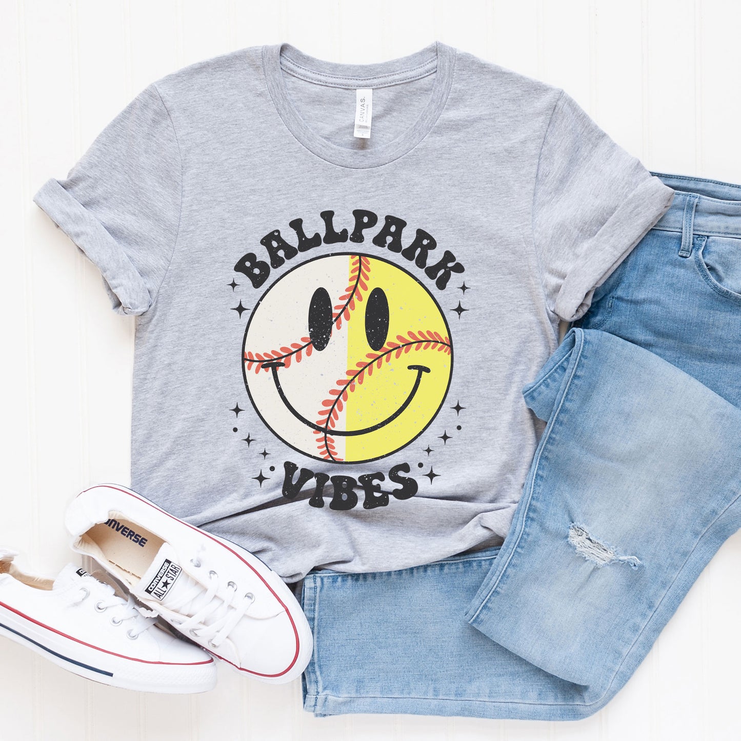 Vintage Ballpark Vibes Smiley Face | Short Sleeve Graphic Tee