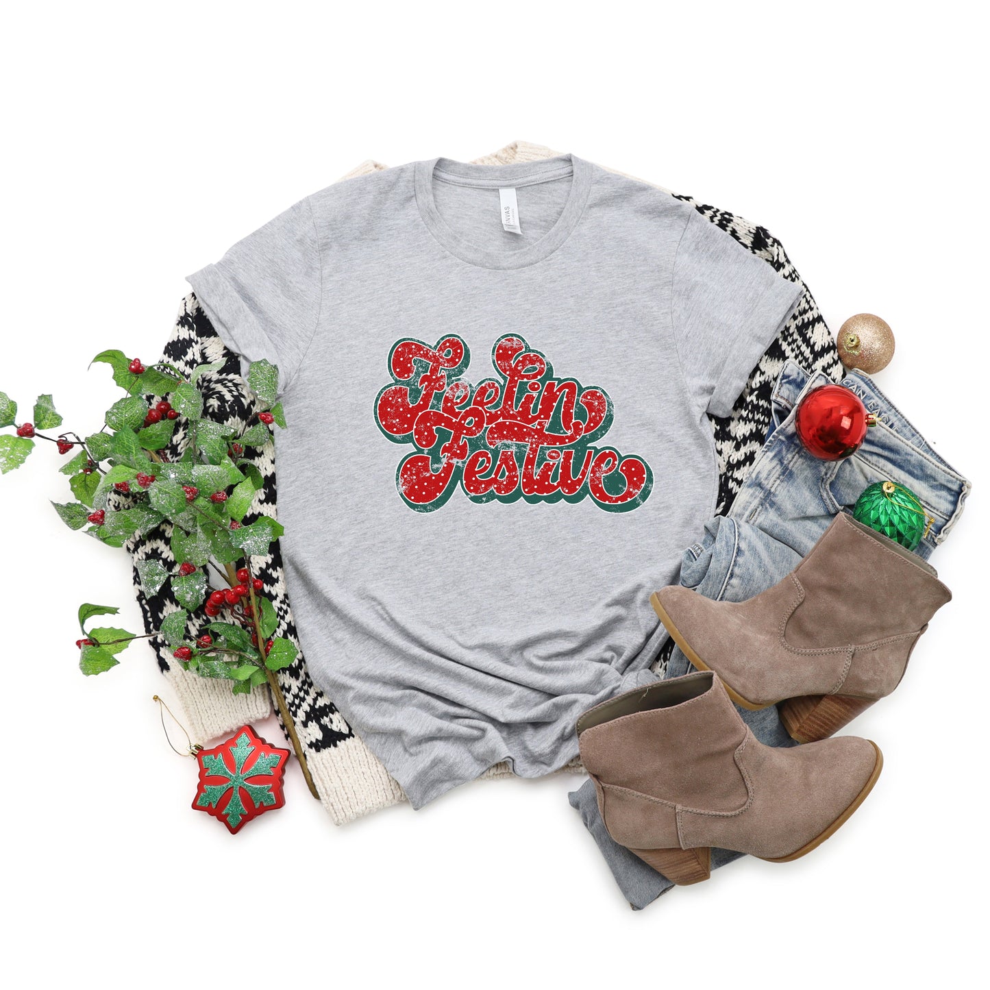 Distressed Feelin Festive | Short Sleeve Crewneck