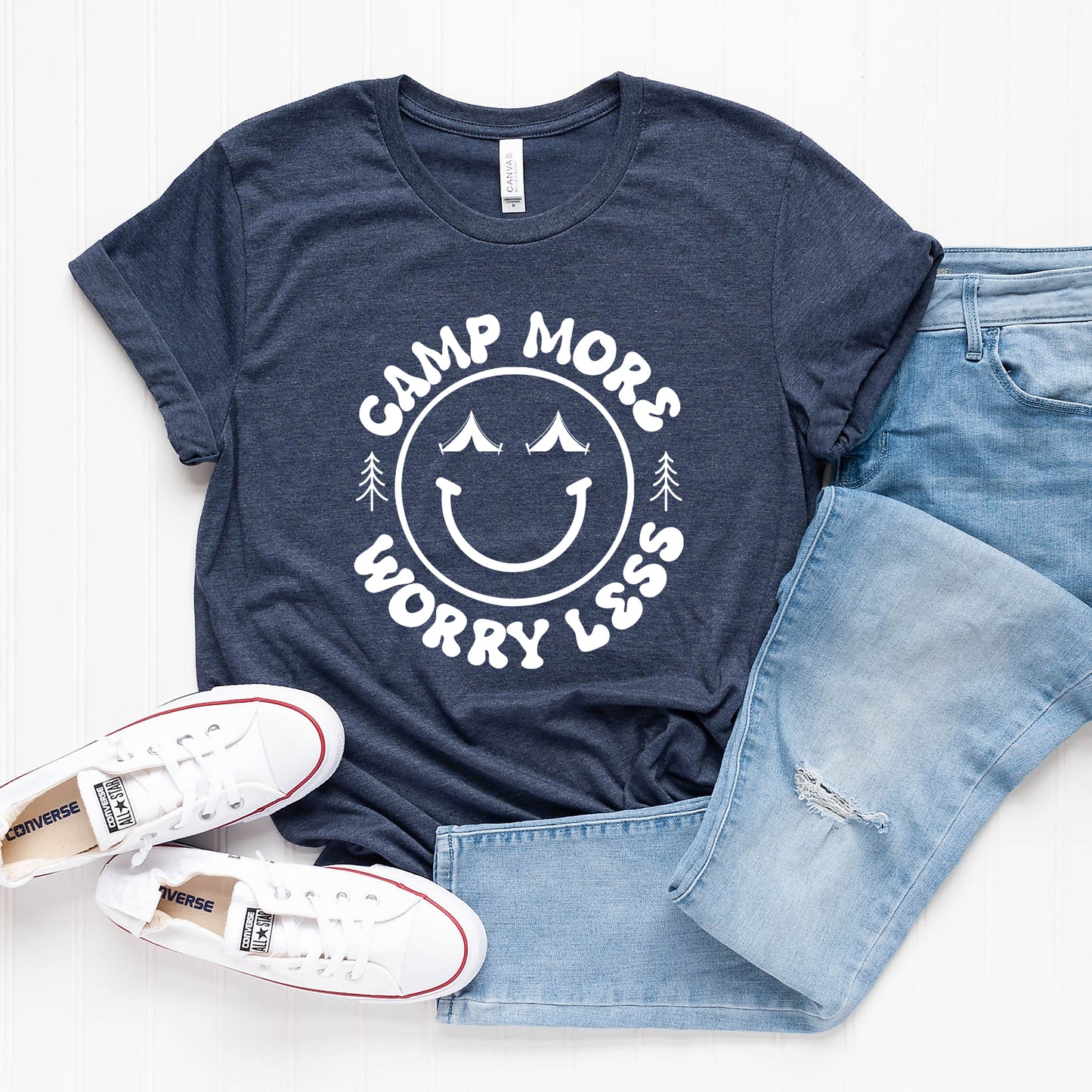 Camp More Worry Less Smiley Face | Short Sleeve Graphic Tee