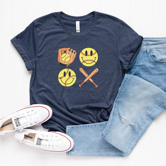 Vintage Bat And Softball Smiley Face | Short Sleeve Graphic Tee