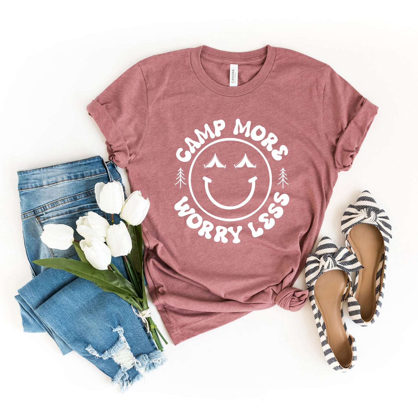 Camp More Worry Less Smiley Face | Short Sleeve Graphic Tee