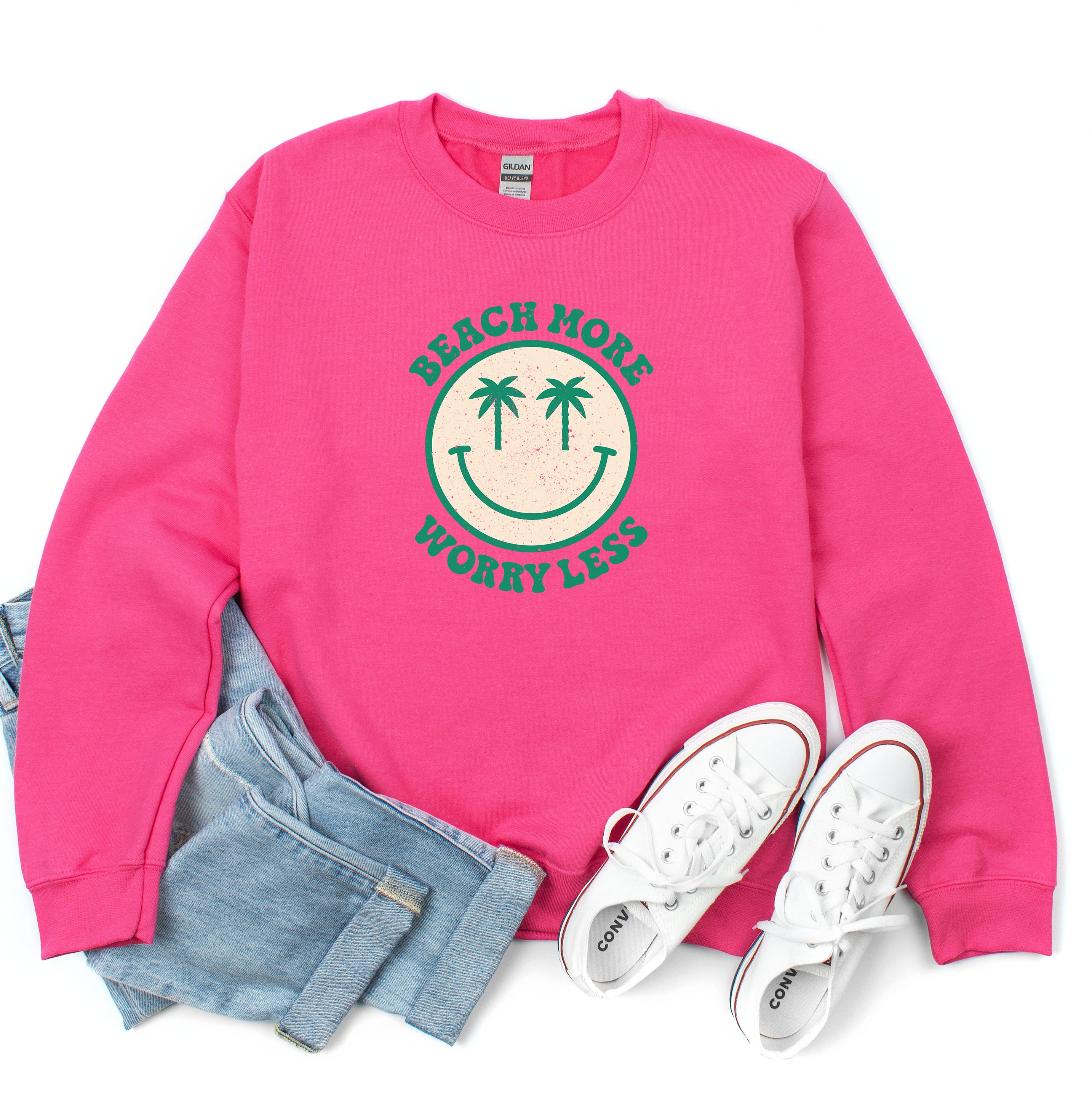 Beach More Worry Less Smiley Face | Sweatshirt