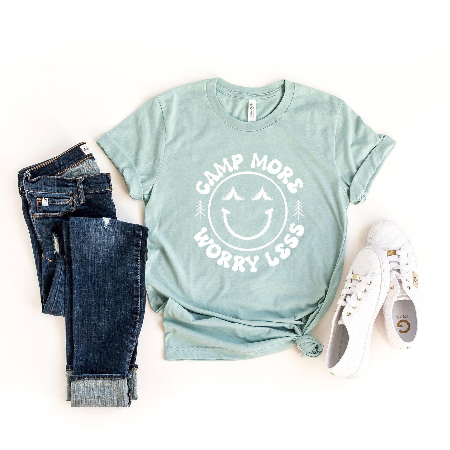Camp More Worry Less Smiley Face | Short Sleeve Graphic Tee