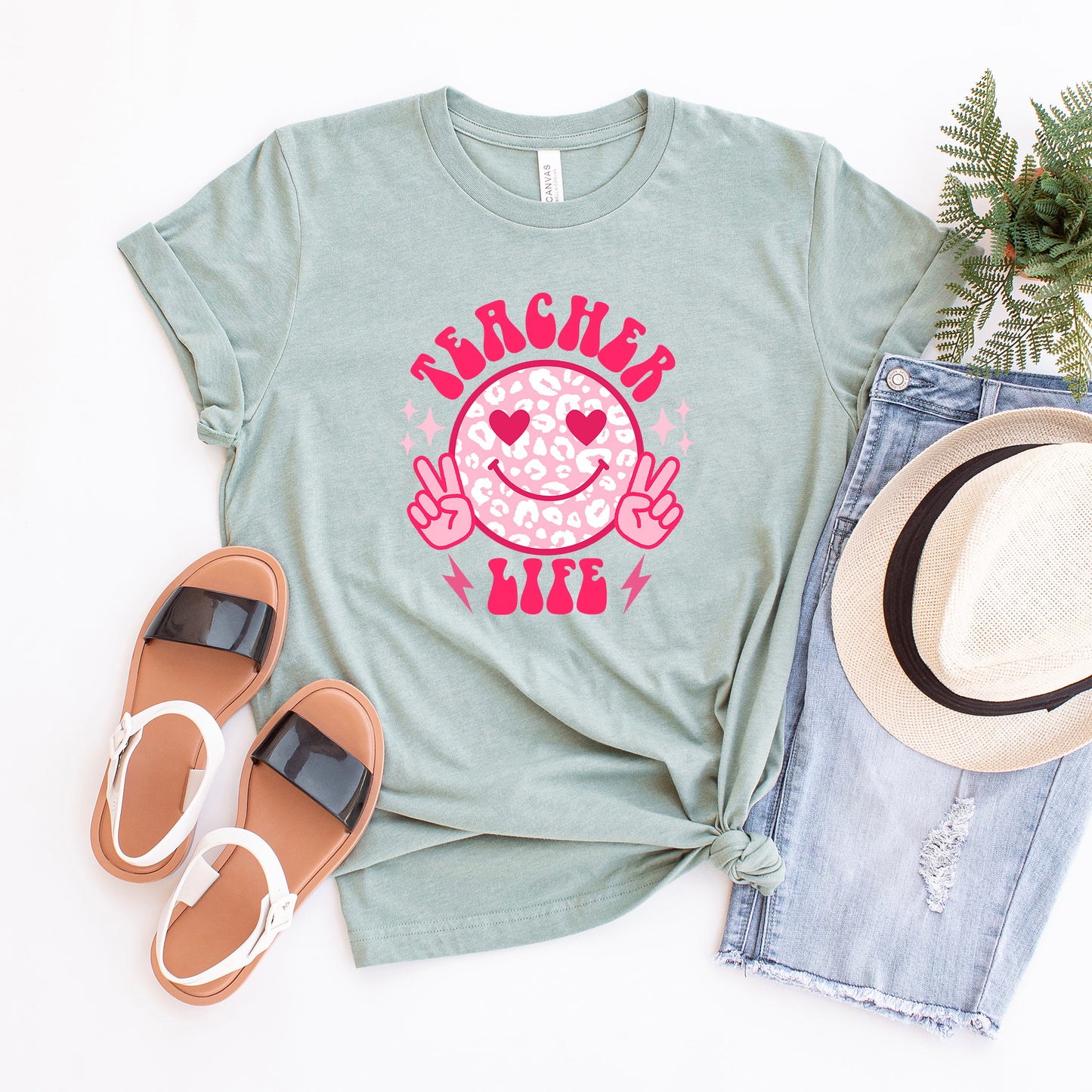 Teacher Life Leopard Smiley Face | Short Sleeve Graphic Tee