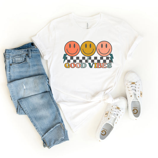 Checkered Good Vibes Smiley Face | Short Sleeve Graphic Tee