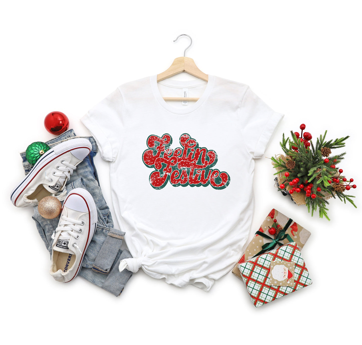 Distressed Feelin Festive | Short Sleeve Crewneck
