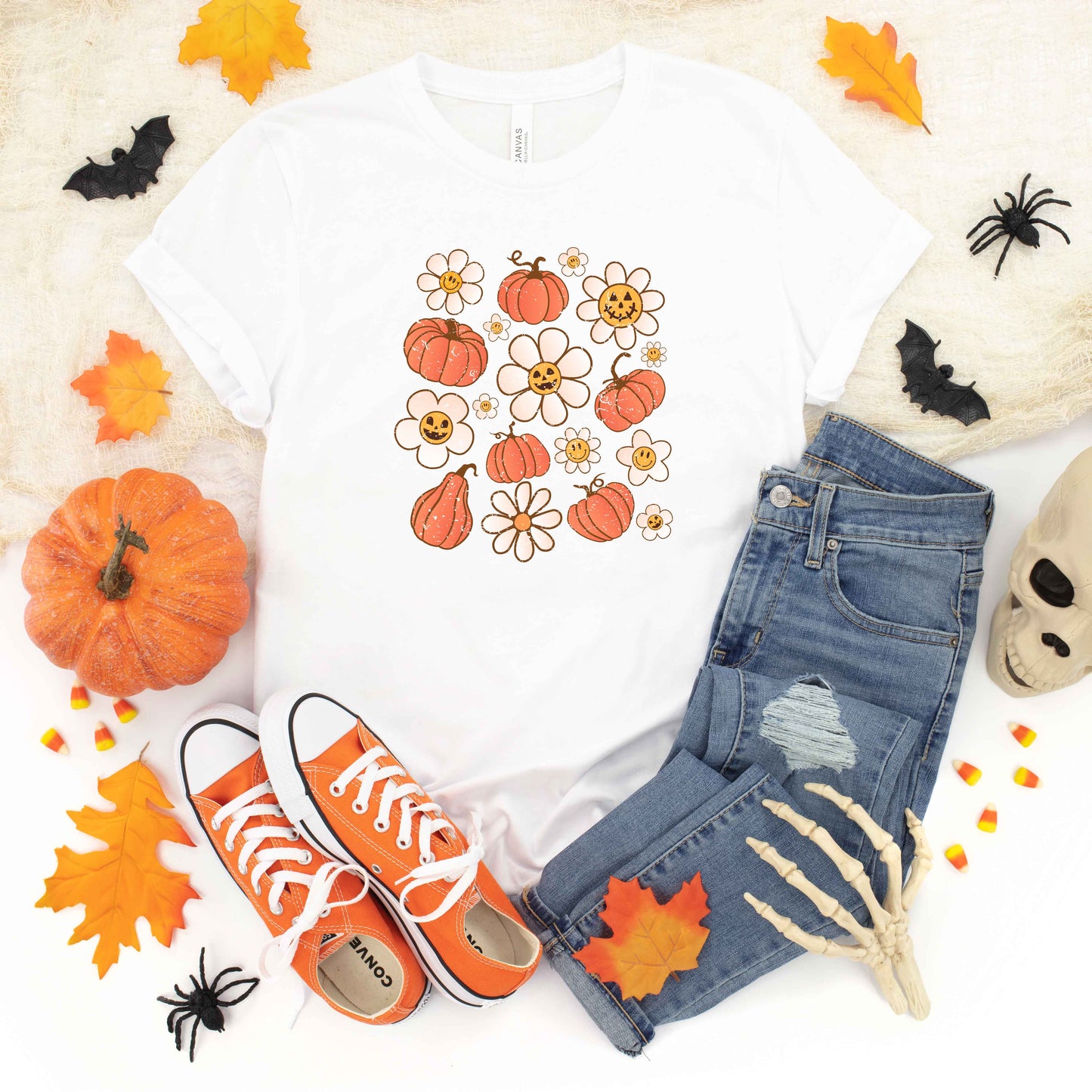 Distressed Flowers And Pumpkins | Short Sleeve Crew Neck
